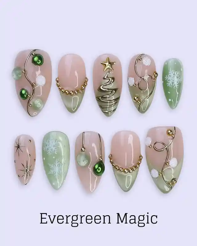 Nude and pale green set with gold wire lines and “Evergreen Magic” text
