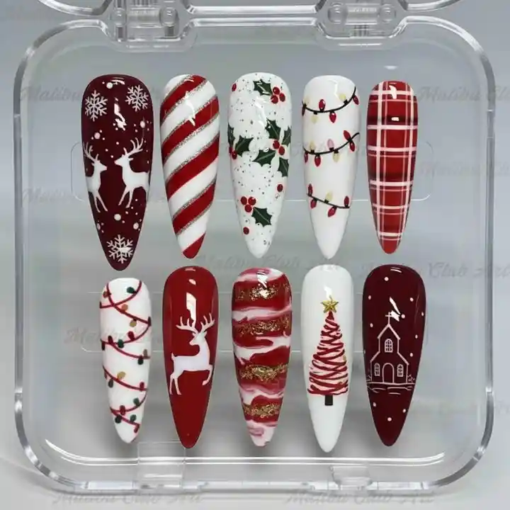 Deep red and white case set with deer silhouettes, plaid, lights, and holly
