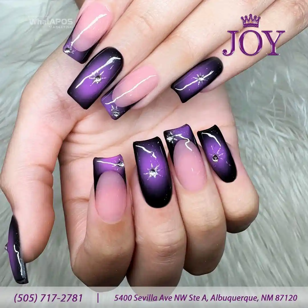 Glossy purple-to-black ombre with rhinestone accents