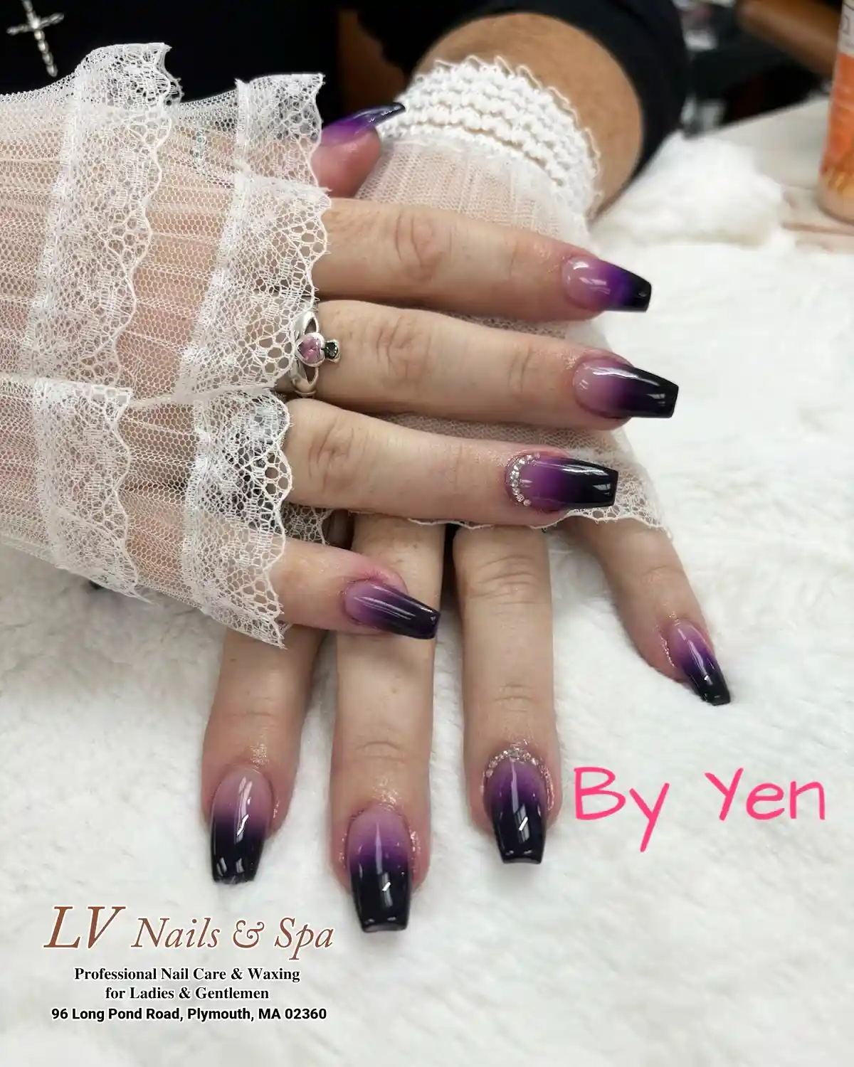 Purple-to-black ombre with rhinestone cuticle arcs