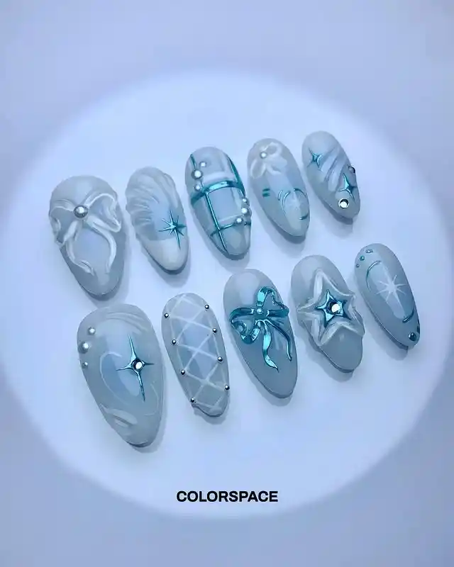 Grey and teal graphic set with bows and starbursts