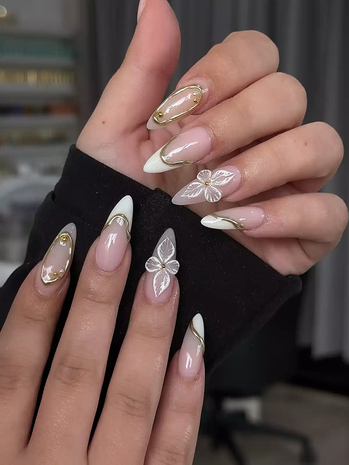 White French Tips with Gold Outlines and Raised White Flowers