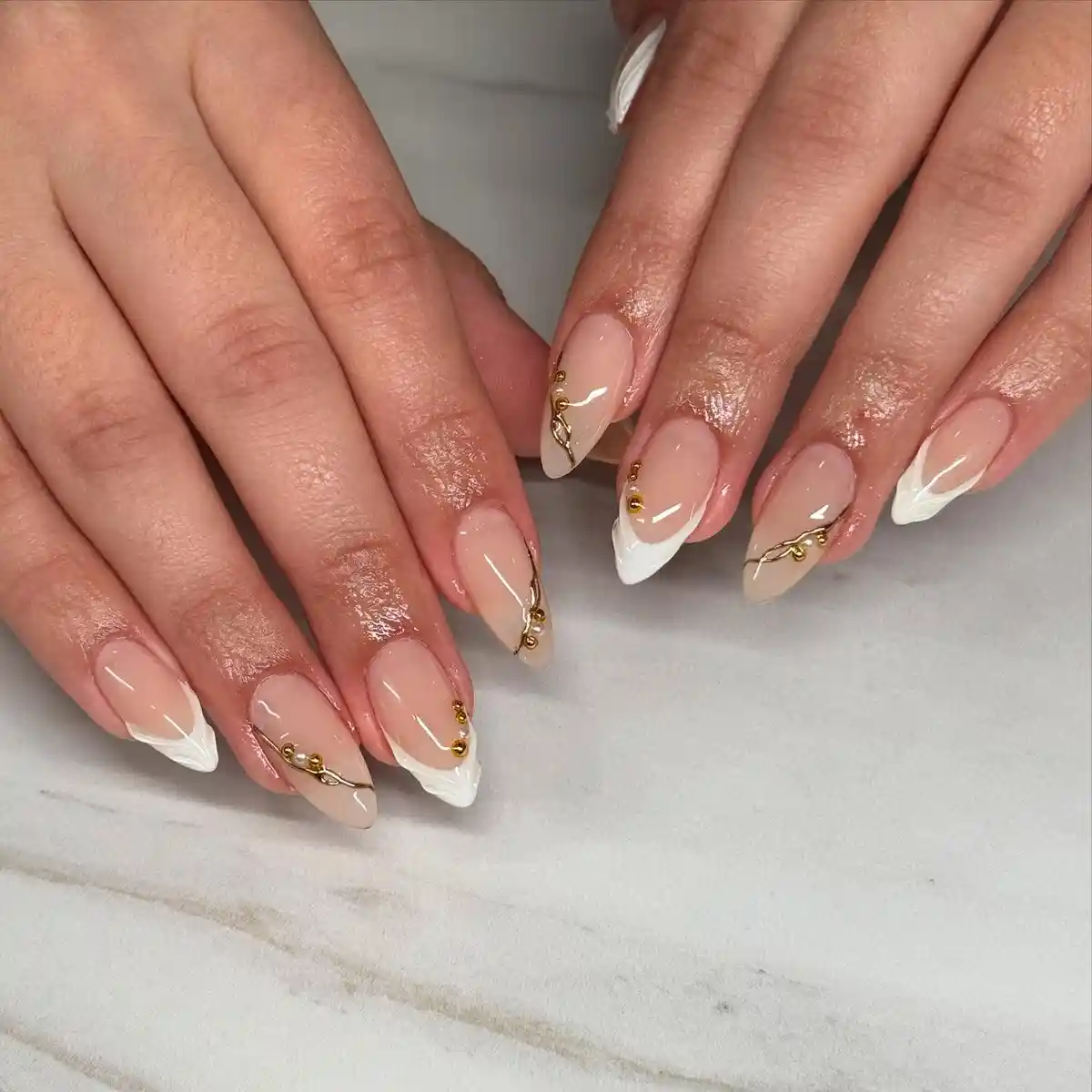 White French Almond Tips with Gold Chain Details