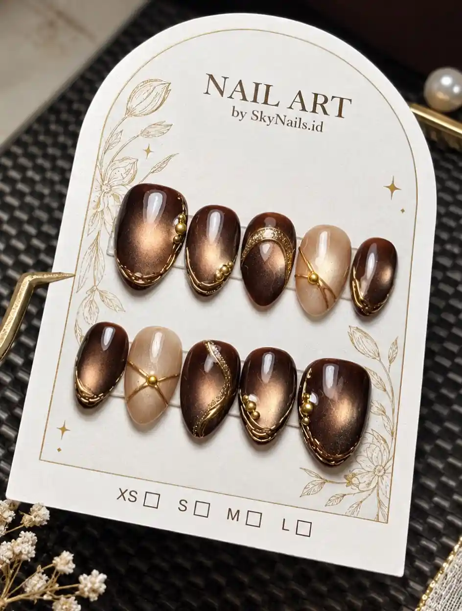 Brown-bronze reflective press-ons with gold linework