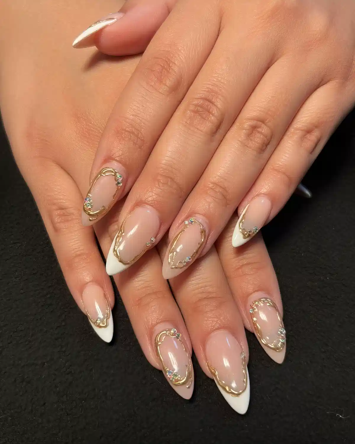 White French Tips with Gold Framing and Multicolor Rhinestones