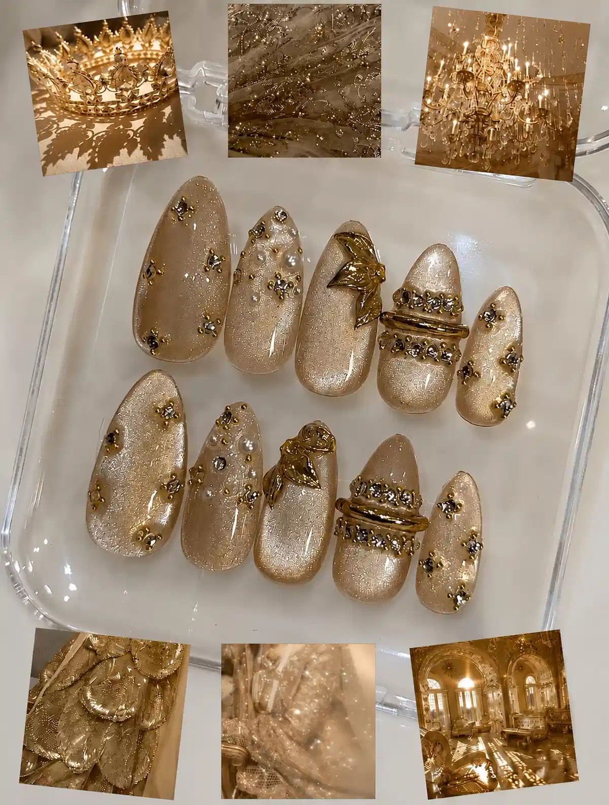 Champagne-gold set with studs, pearls, and raised bow accents