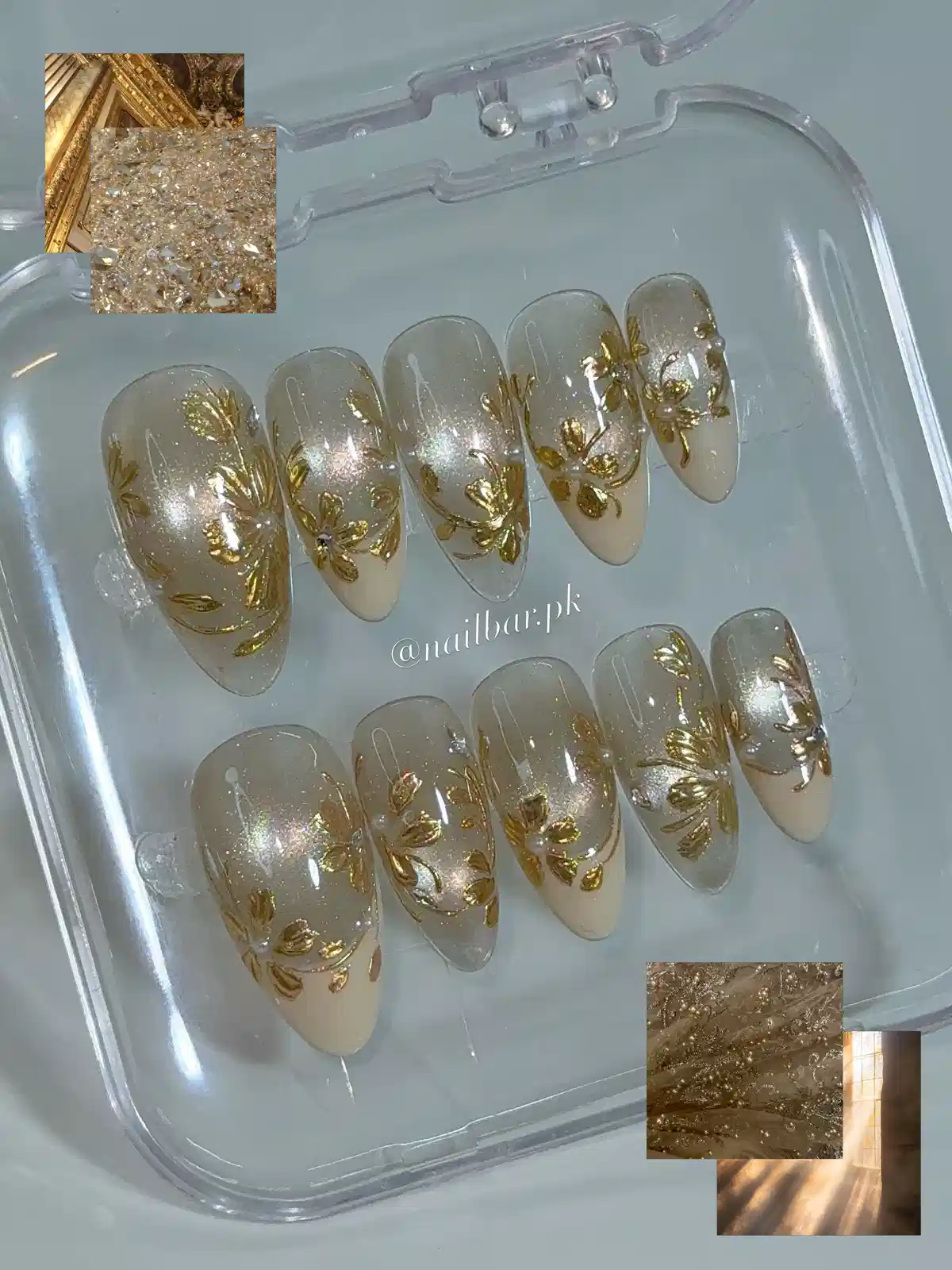 Sheer nude set with gold floral art and cream French tips