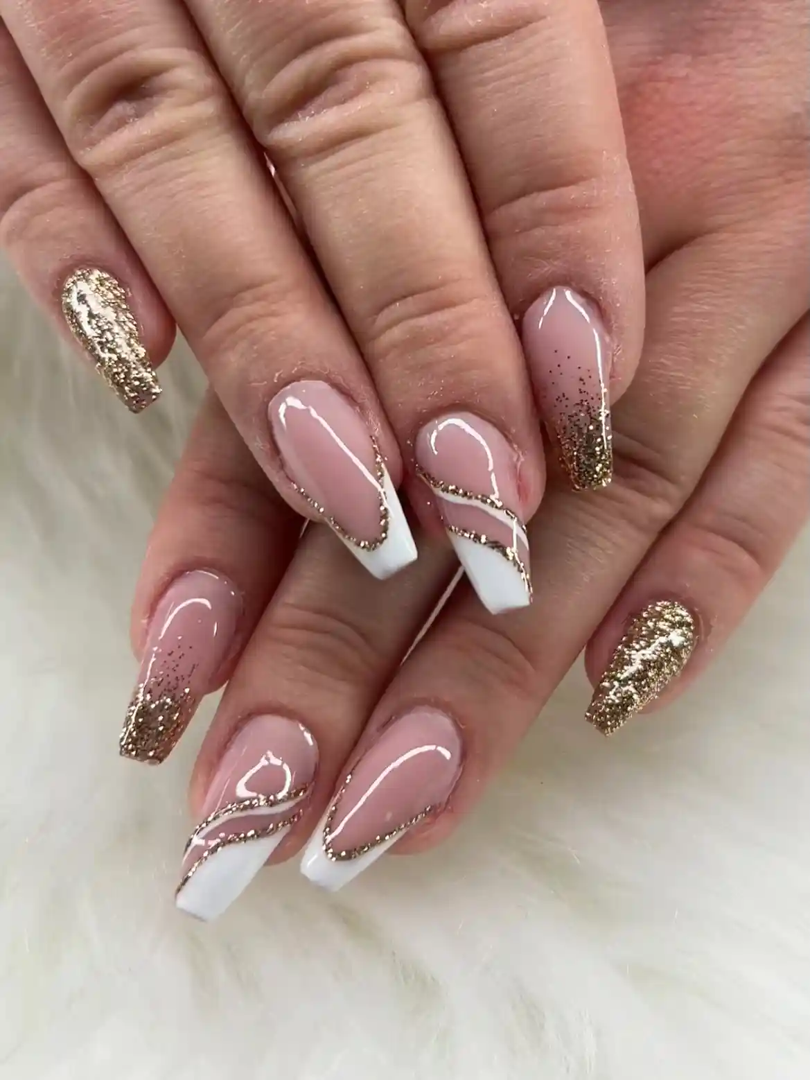 Nude and white tips with gold glitter accents