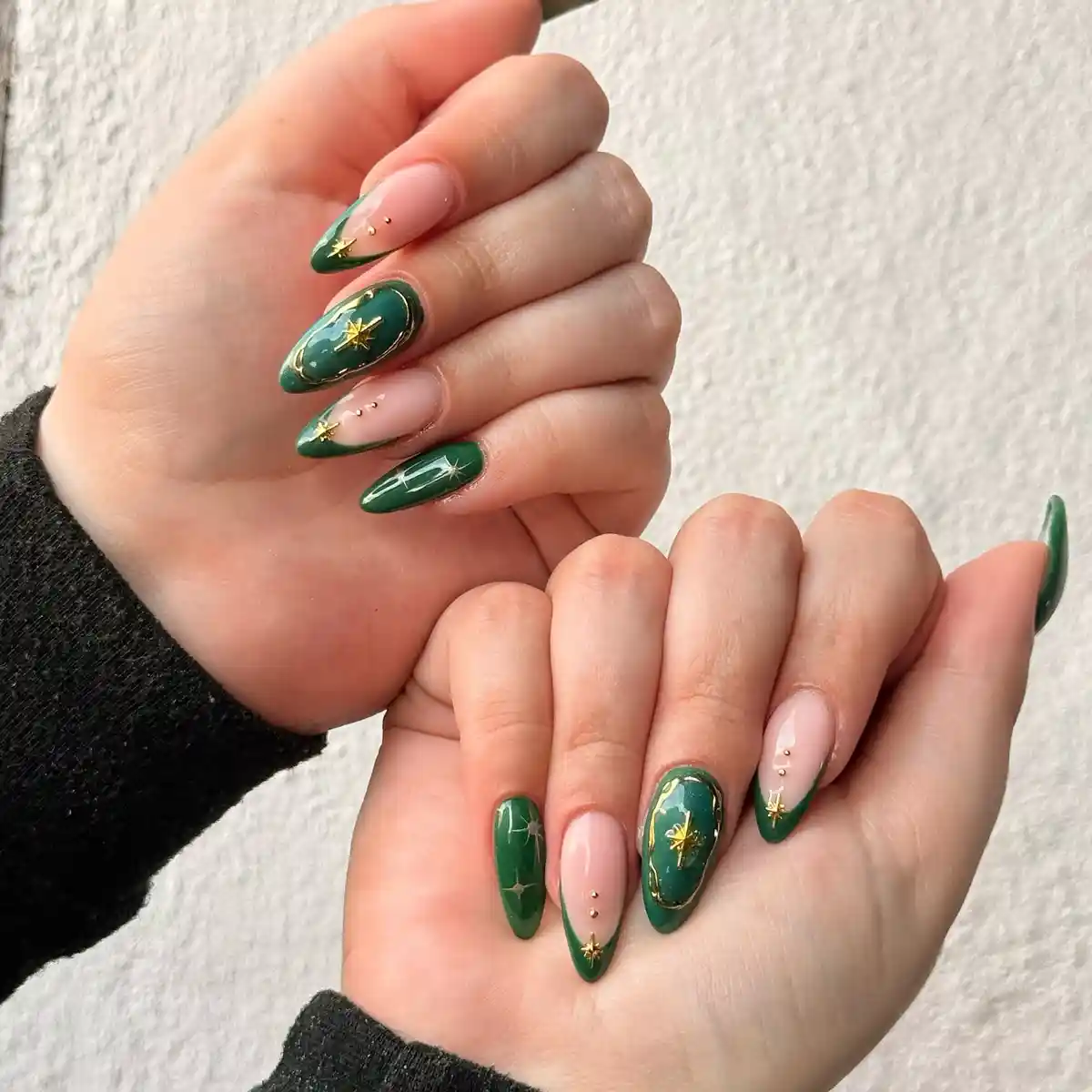 Green French Tips with Gold Stars on Nude Base