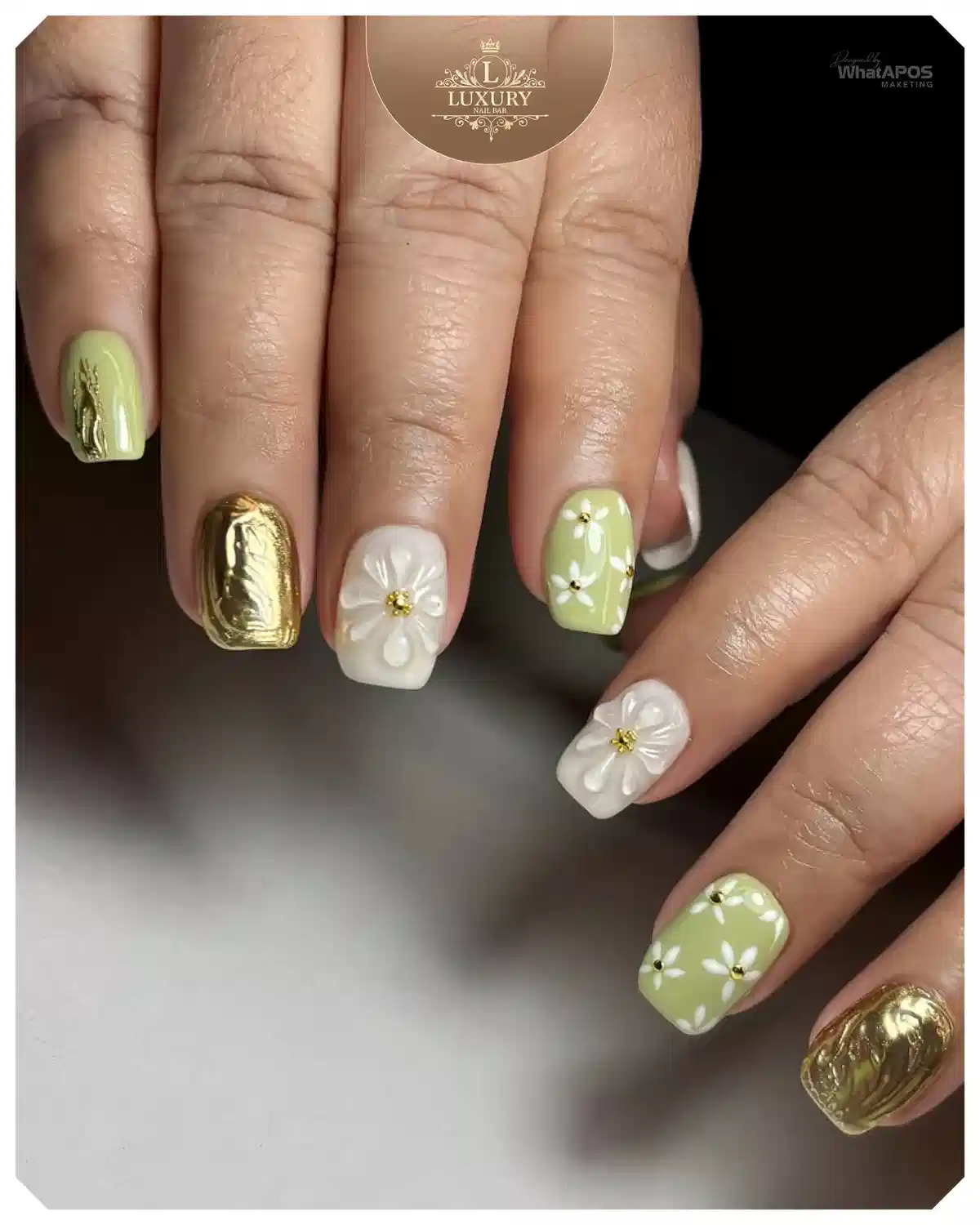 Short Square Set with Pale Green Florals and Metallic Gold Nails