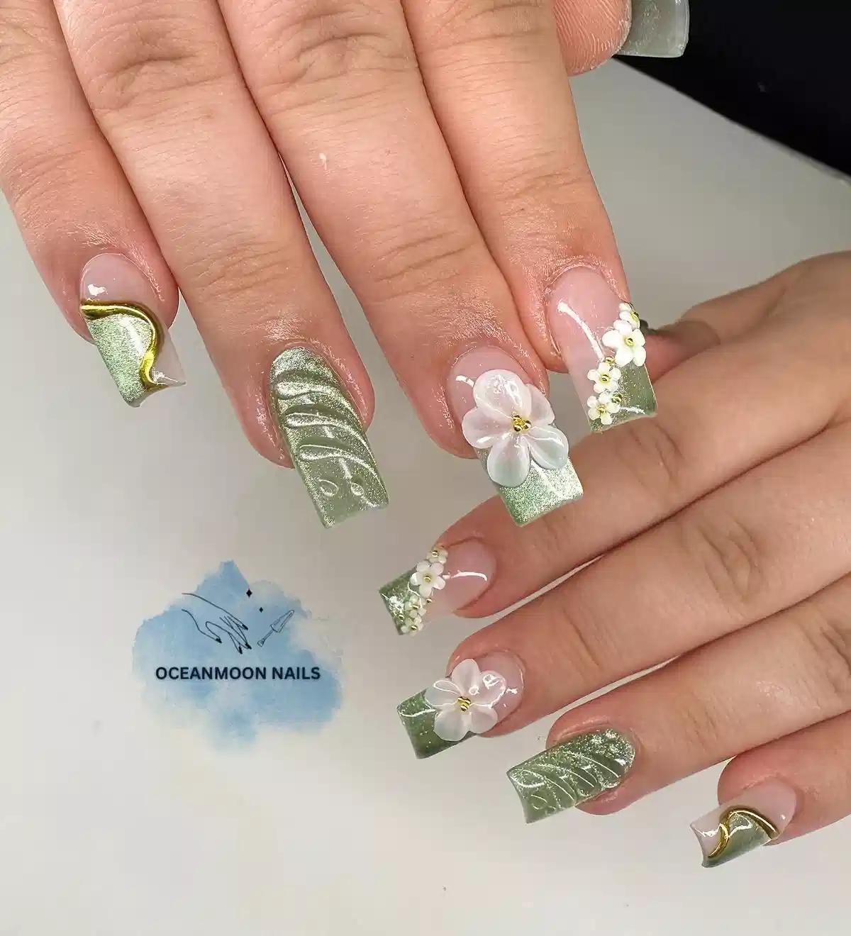 Green Metallic Tips with White Floral Accents