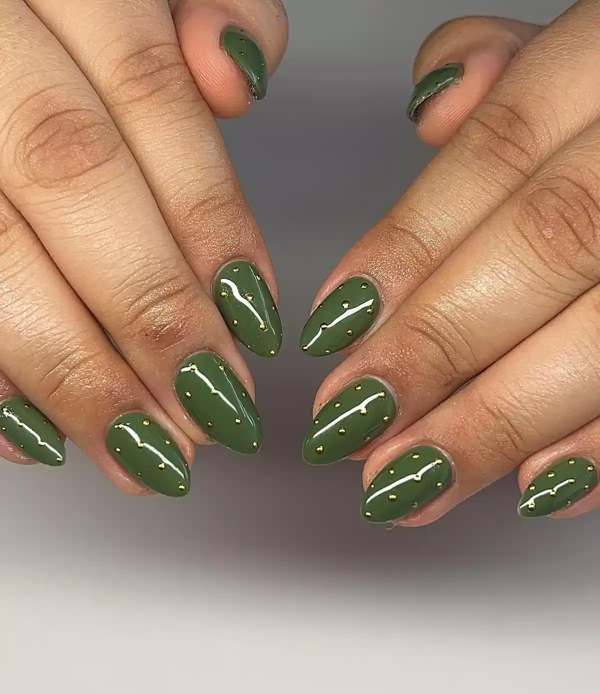 Olive Green Nails with Small Gold Stud Accents