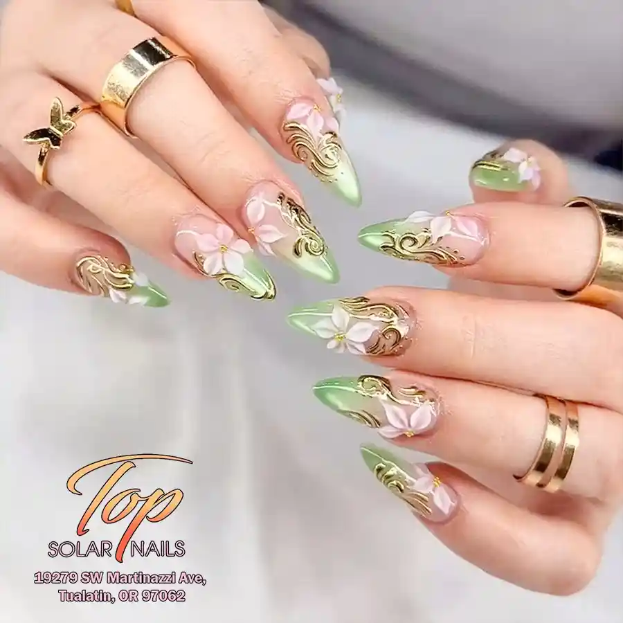 Light Green Tips with Gold Scrollwork and White Flowers