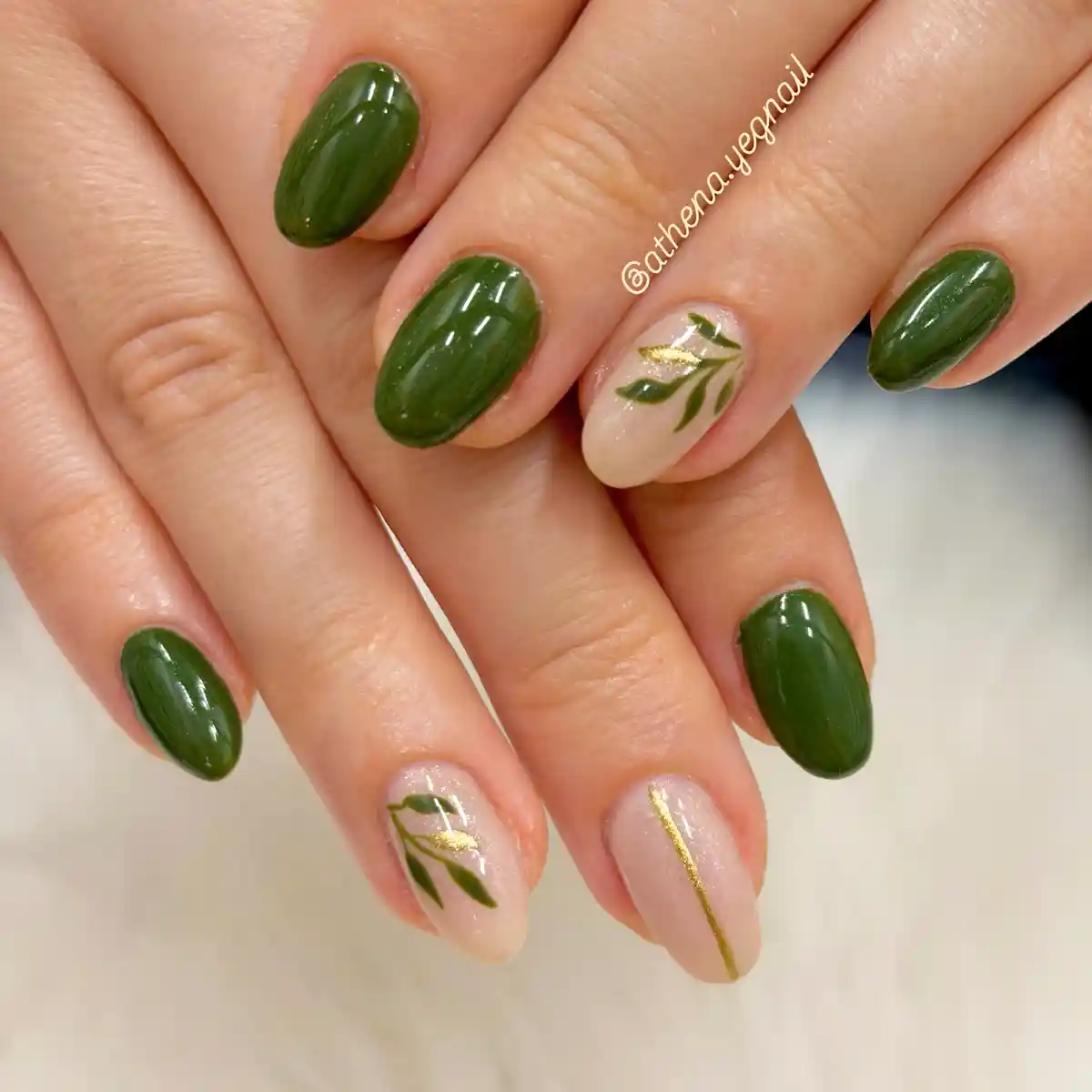 Dark green set with leafy nude accents and gold lines
