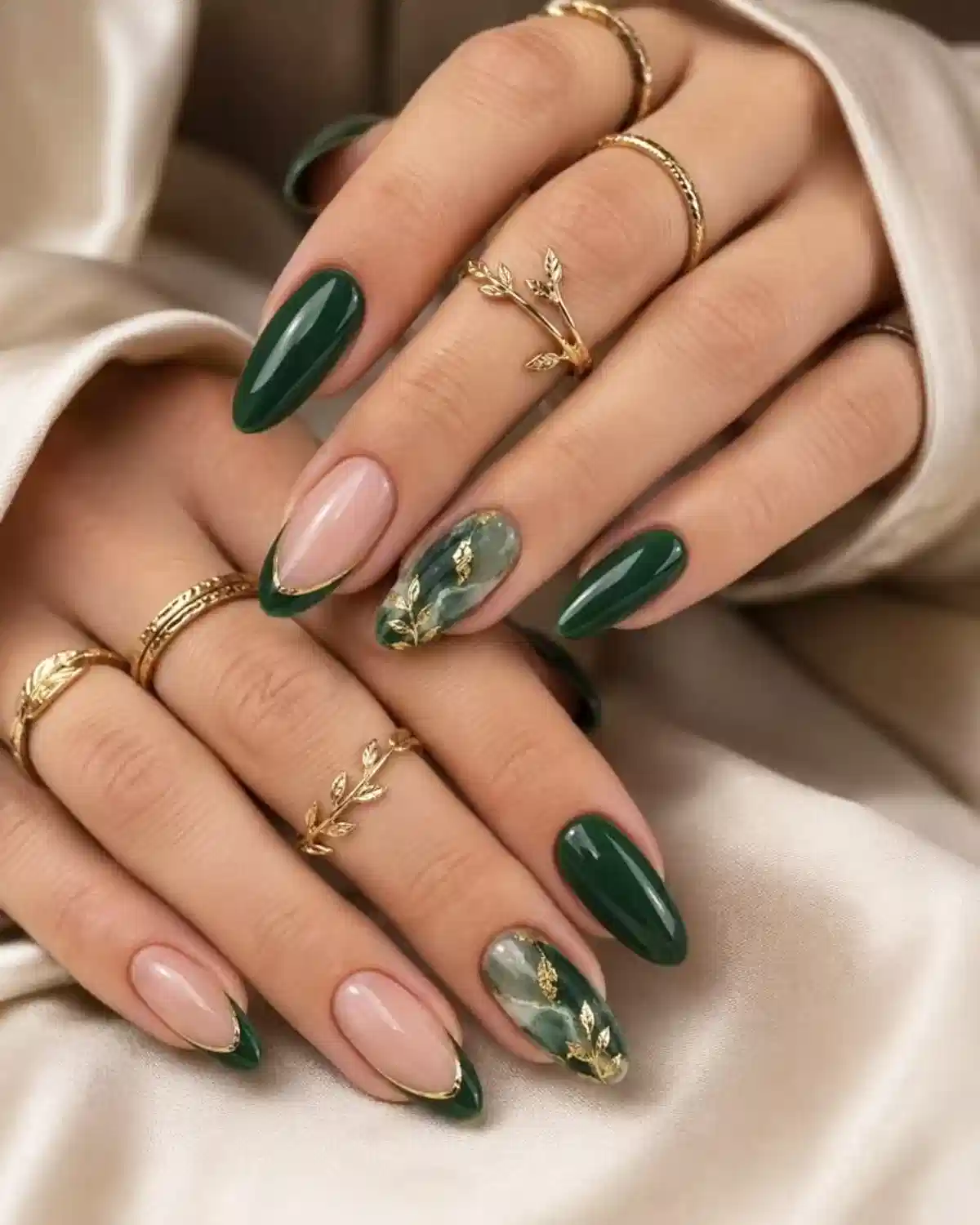 Dark green solids with green French tips and gold-fleck accents