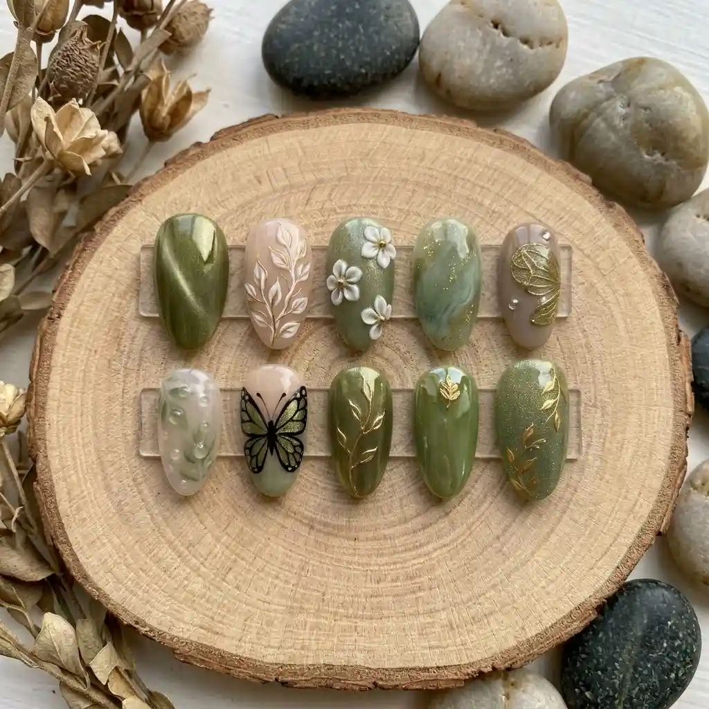Olive and sage press-on set with gold botanicals and butterfly