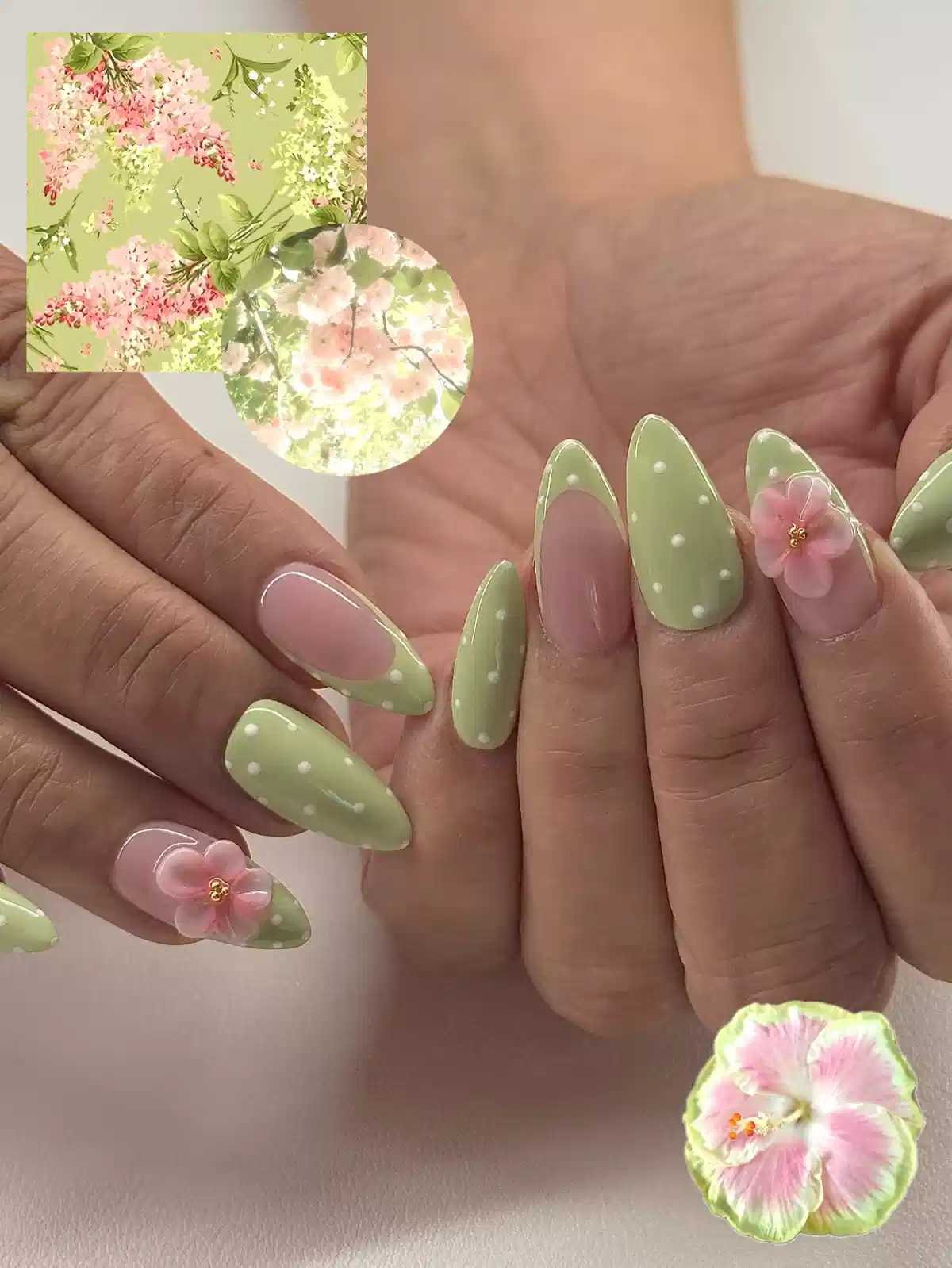 Light green polka dots with pink 3D flowers