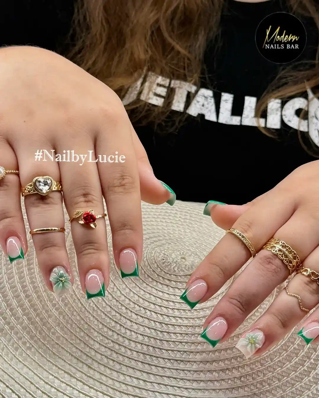 Square green French tips with white floral accents