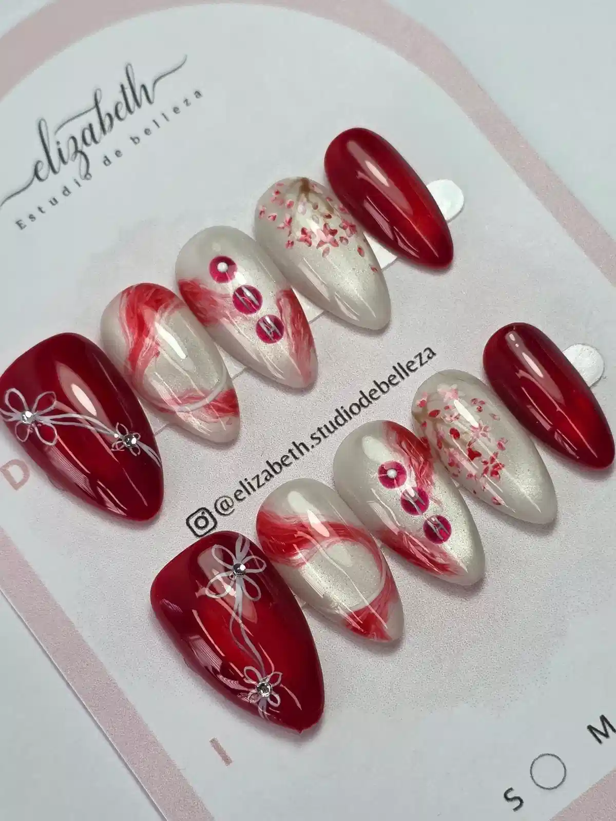 Red and pearly white set with marbling and floral line art