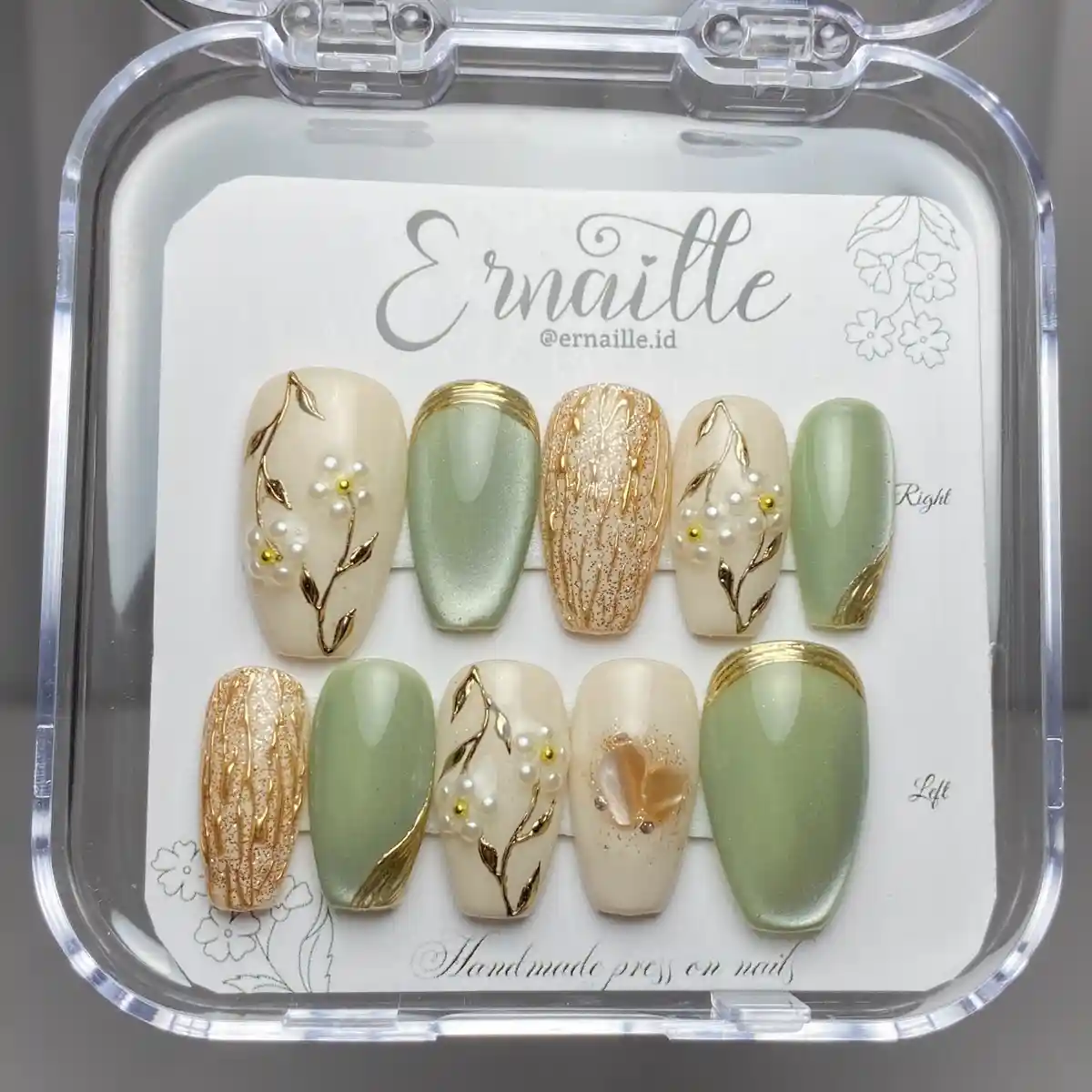 Cream and sage set with gold botanical lines and pearl accents