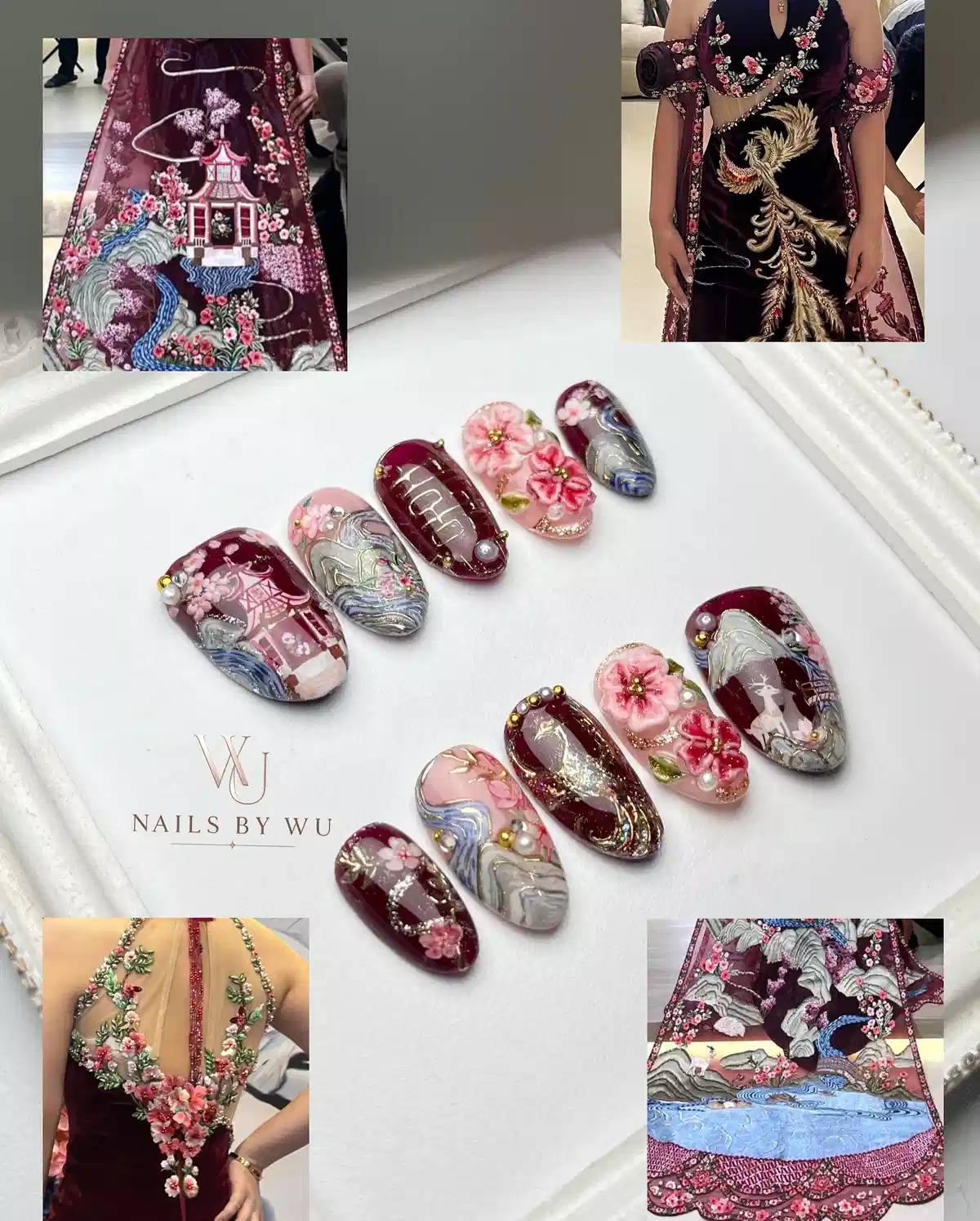 Burgundy scenic nail set with 3D pink flowers and gold studs