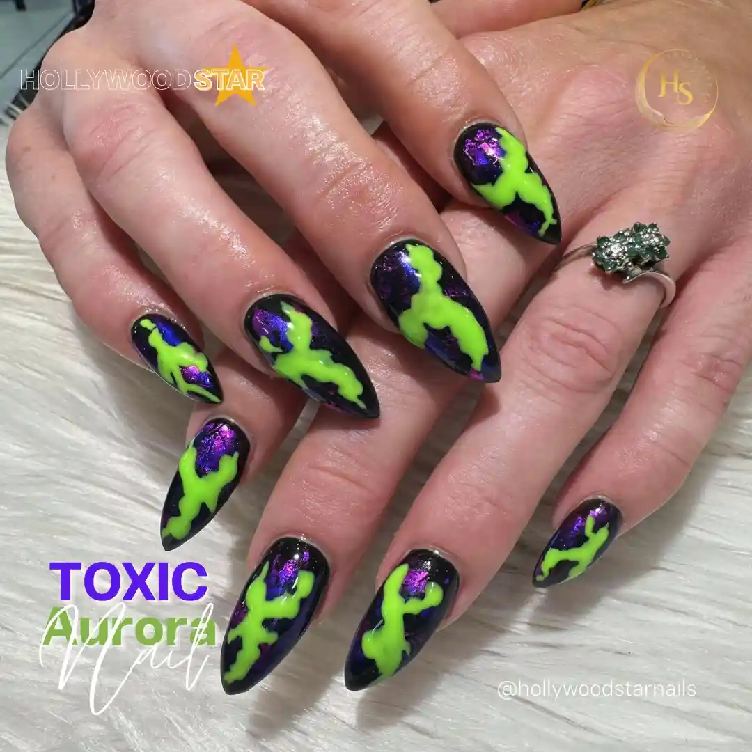 Black base with neon green flames and purple shine