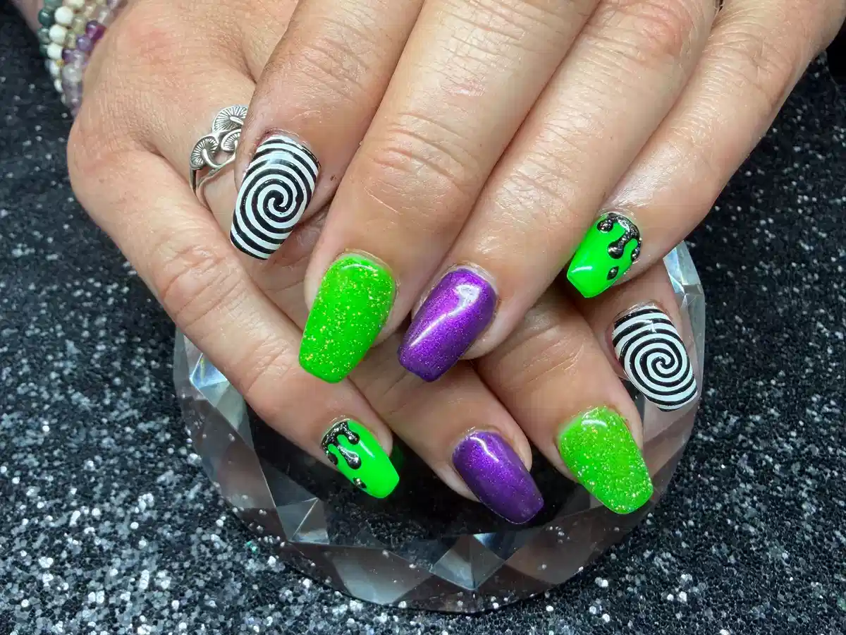 Neon green + metallic purple with spirals