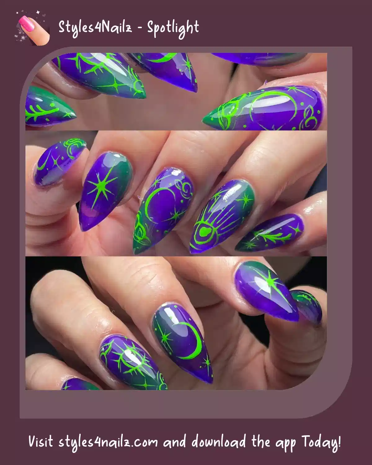 Purple-green gradients with neon green line art (collage)