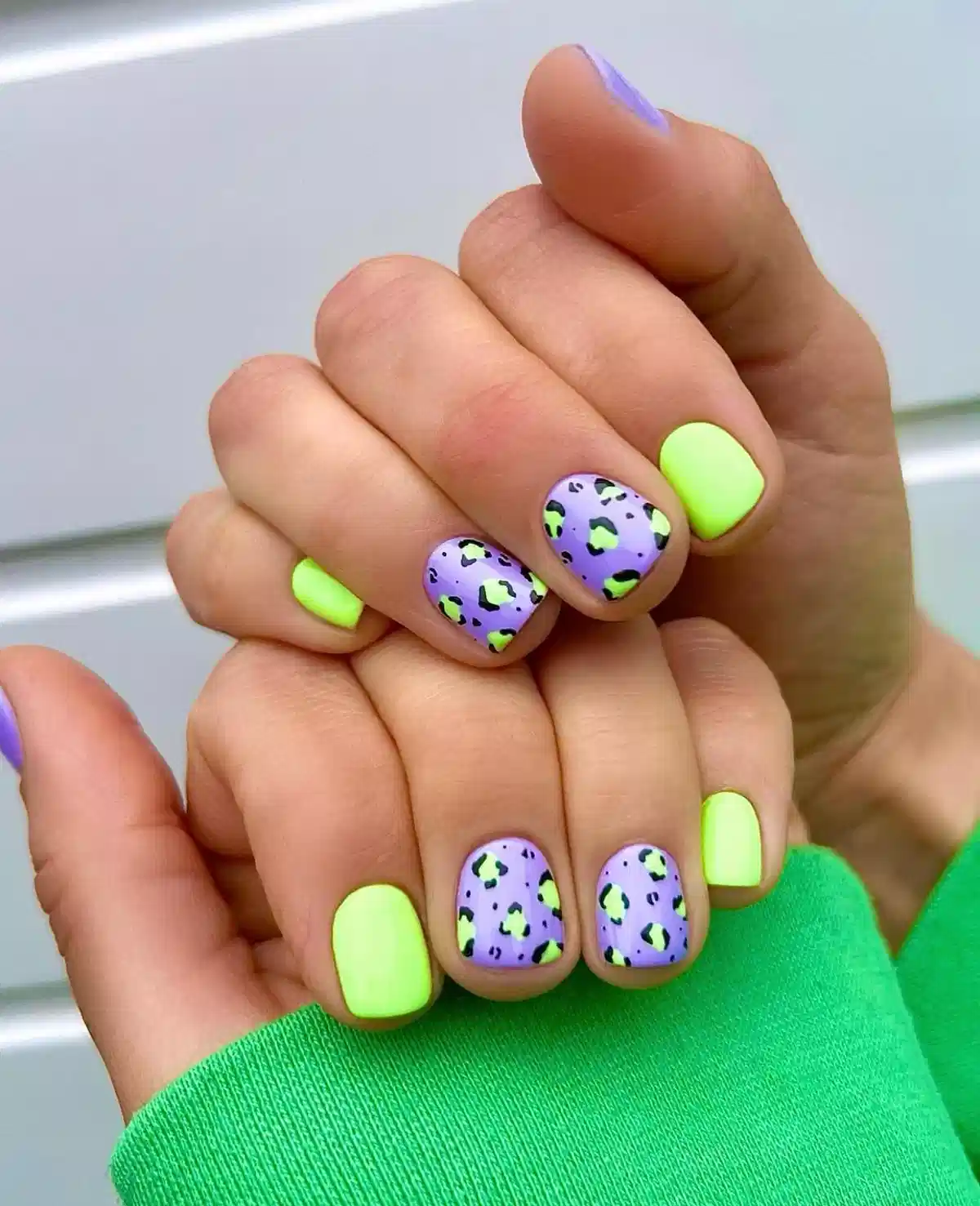 Lavender leopard with neon yellow-green solids