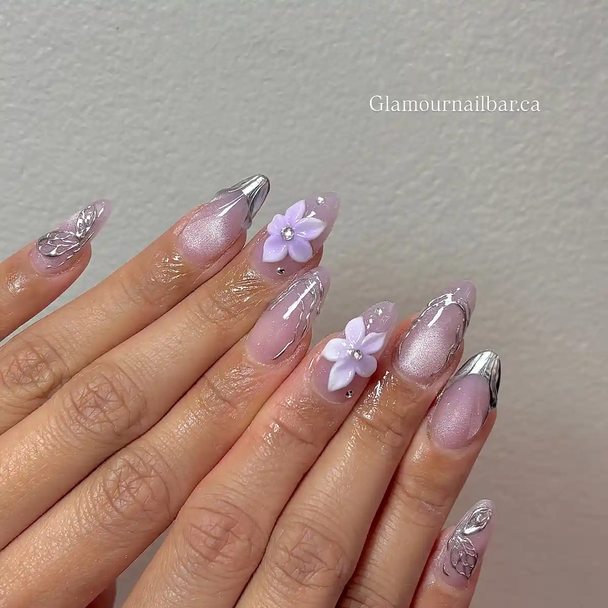 Almond pastel lavender with silver tips and 3D flowers