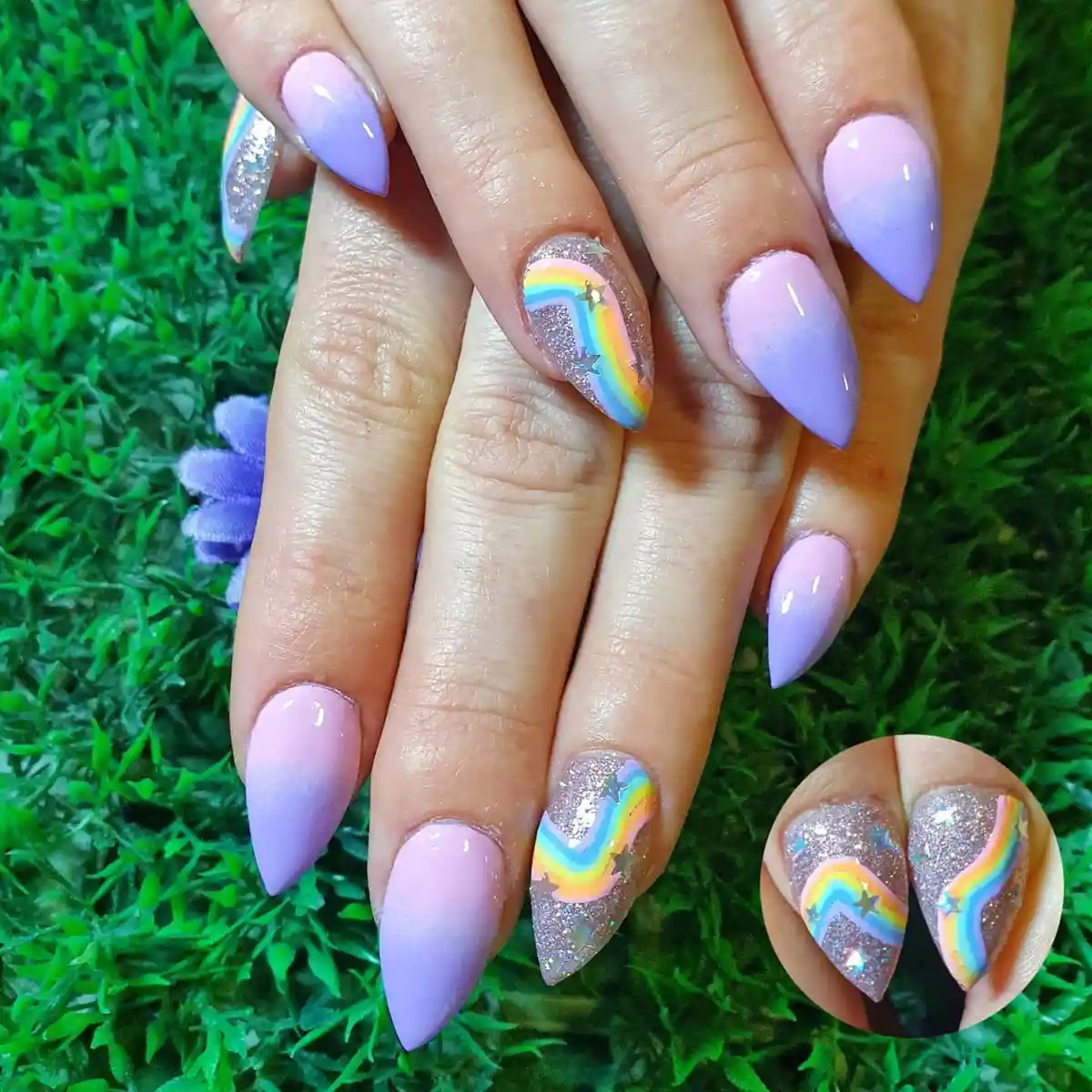 Pastel lavender stilettos with rainbow-on-glitter accent nails