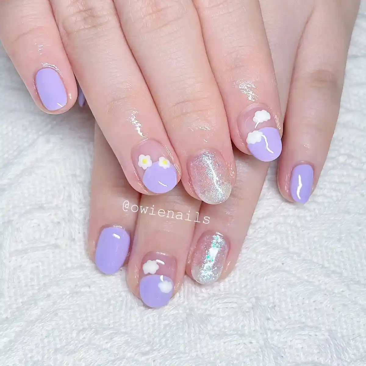 Short pastel lavender with white clouds and silver glitter accents