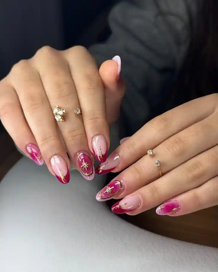 Pink accents with gold starburst details