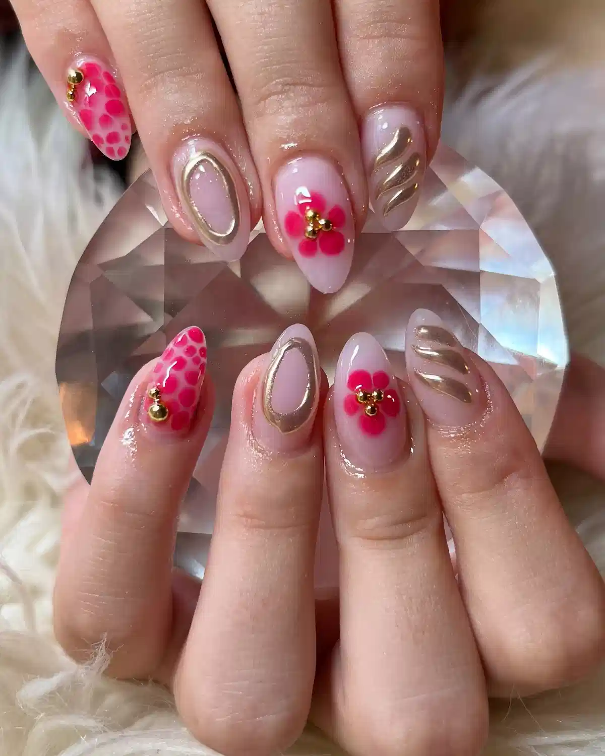 Sheer pink florals with gold 3D accents