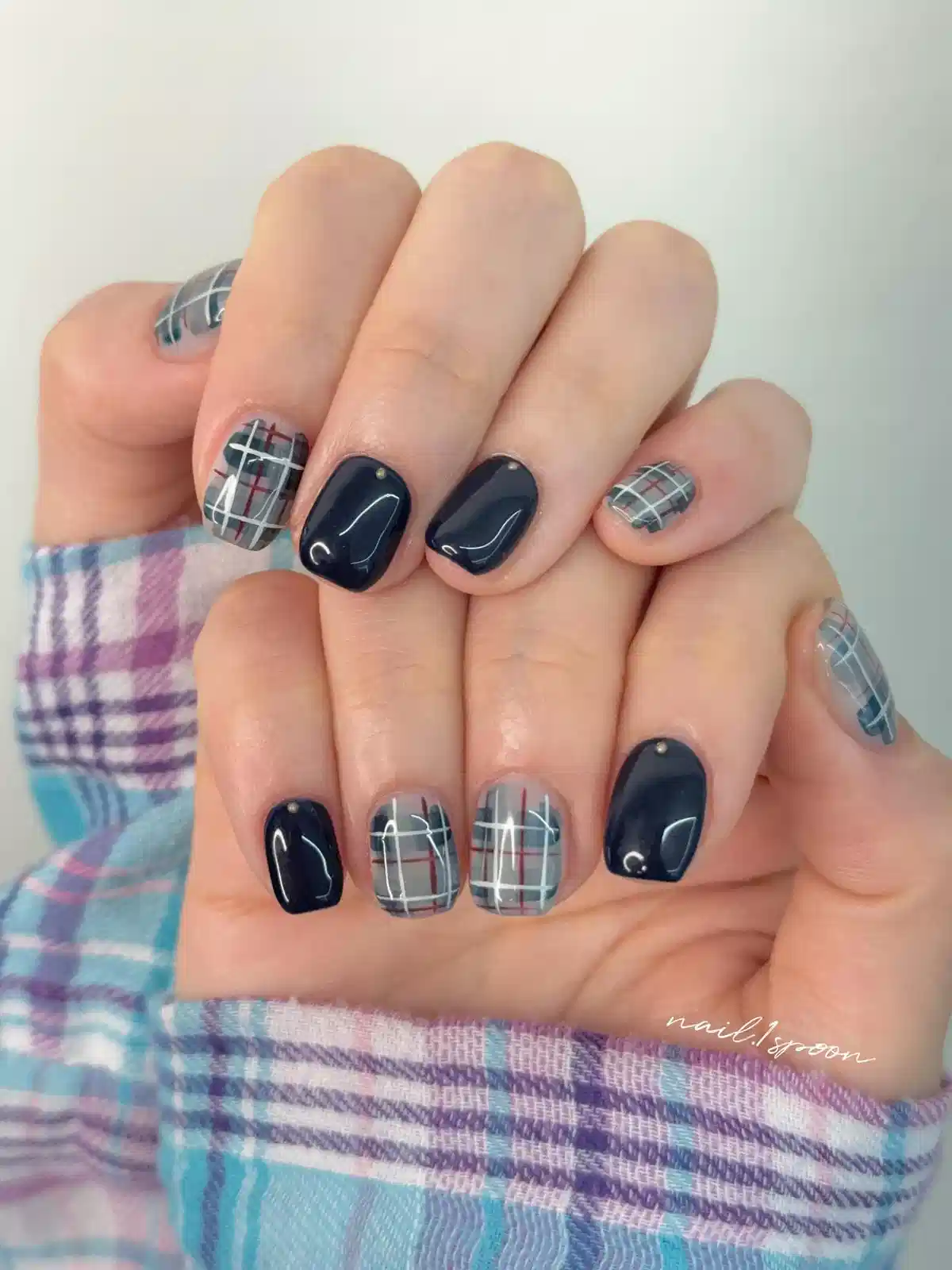 Navy solids with gray plaid and small studs