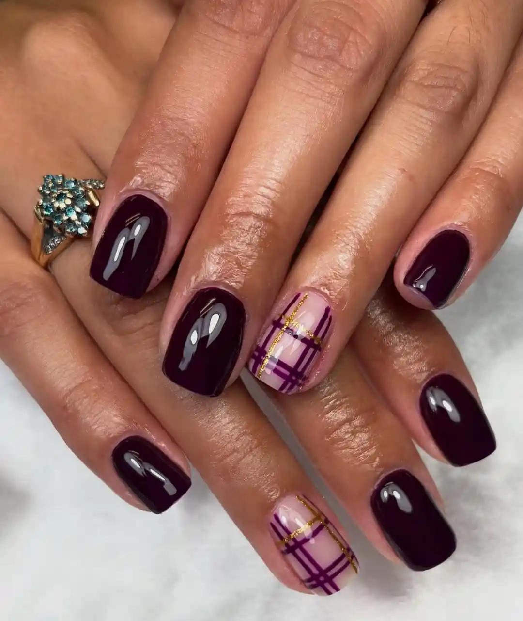 Deep plum solids with pink-and-purple plaid accents