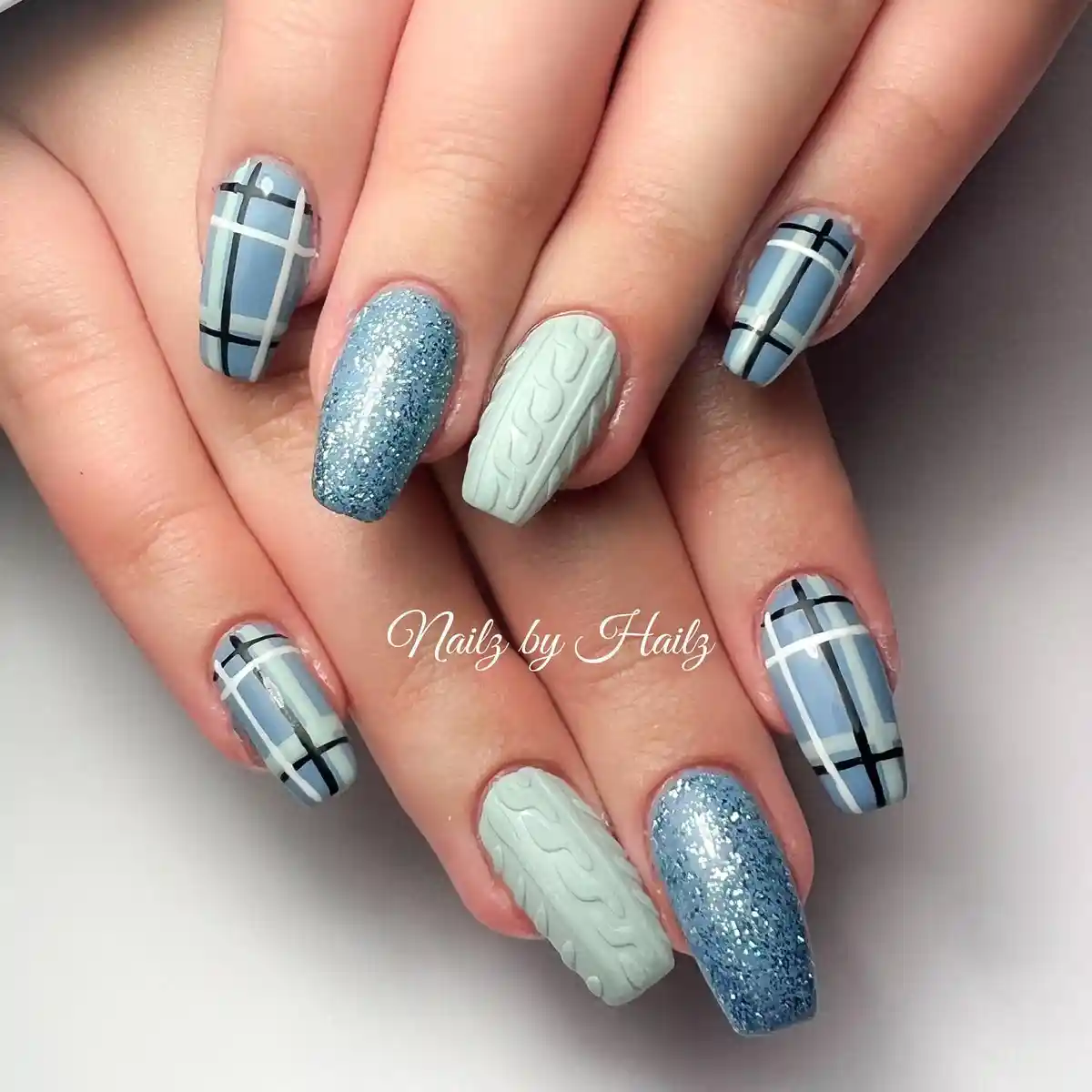 Gray-blue plaid with silver glitter and textured mint accent
