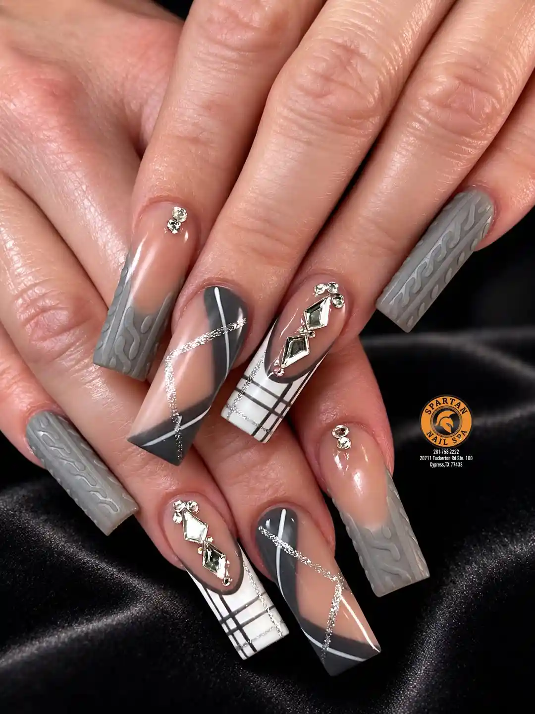 Gray-and-nude set with plaid accent and rhinestone clusters