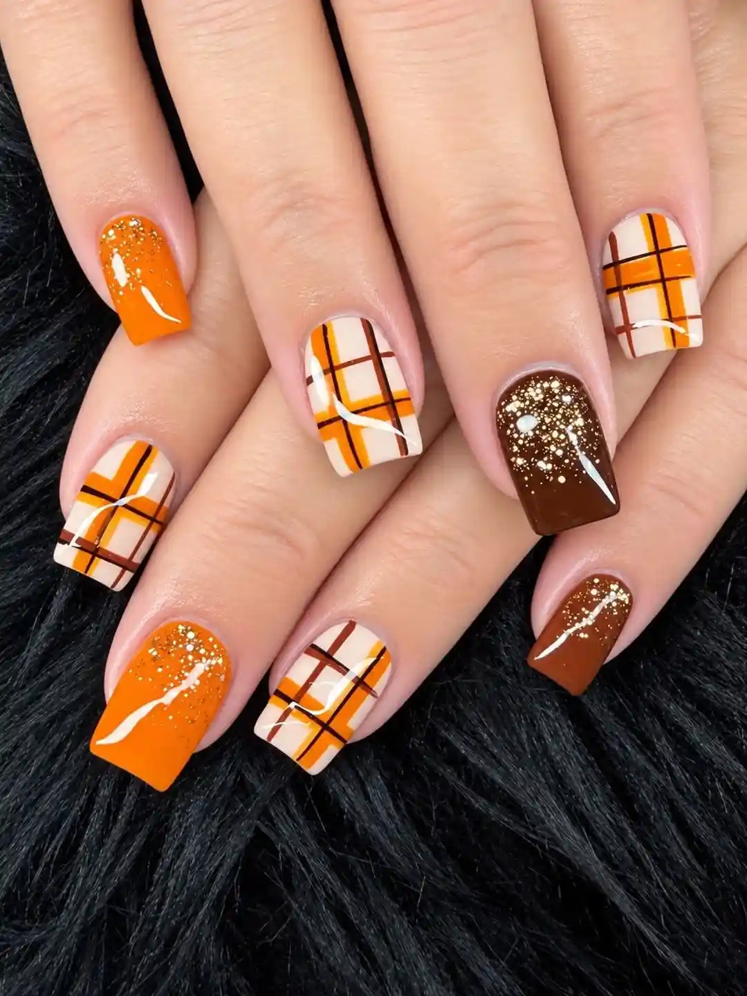 Orange-and-brown plaid with glitter accents