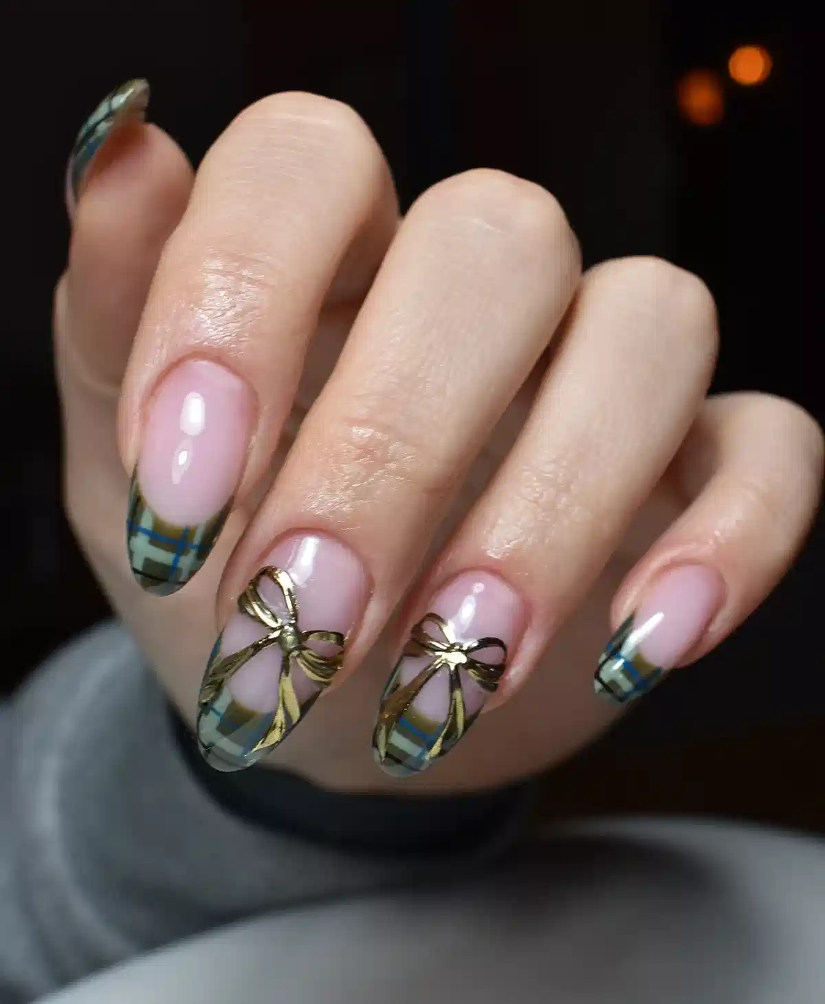 Sheer Pink Base with Muted Plaid Tips and Gold Bow Accents