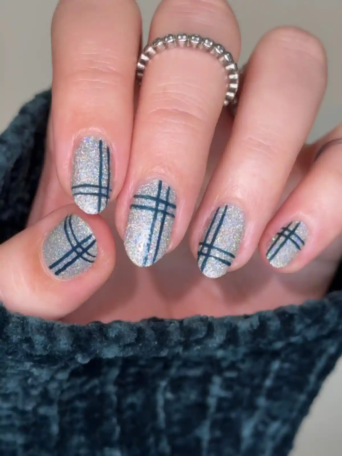 Silver Sparkle Base with Dark Teal Plaid Lines