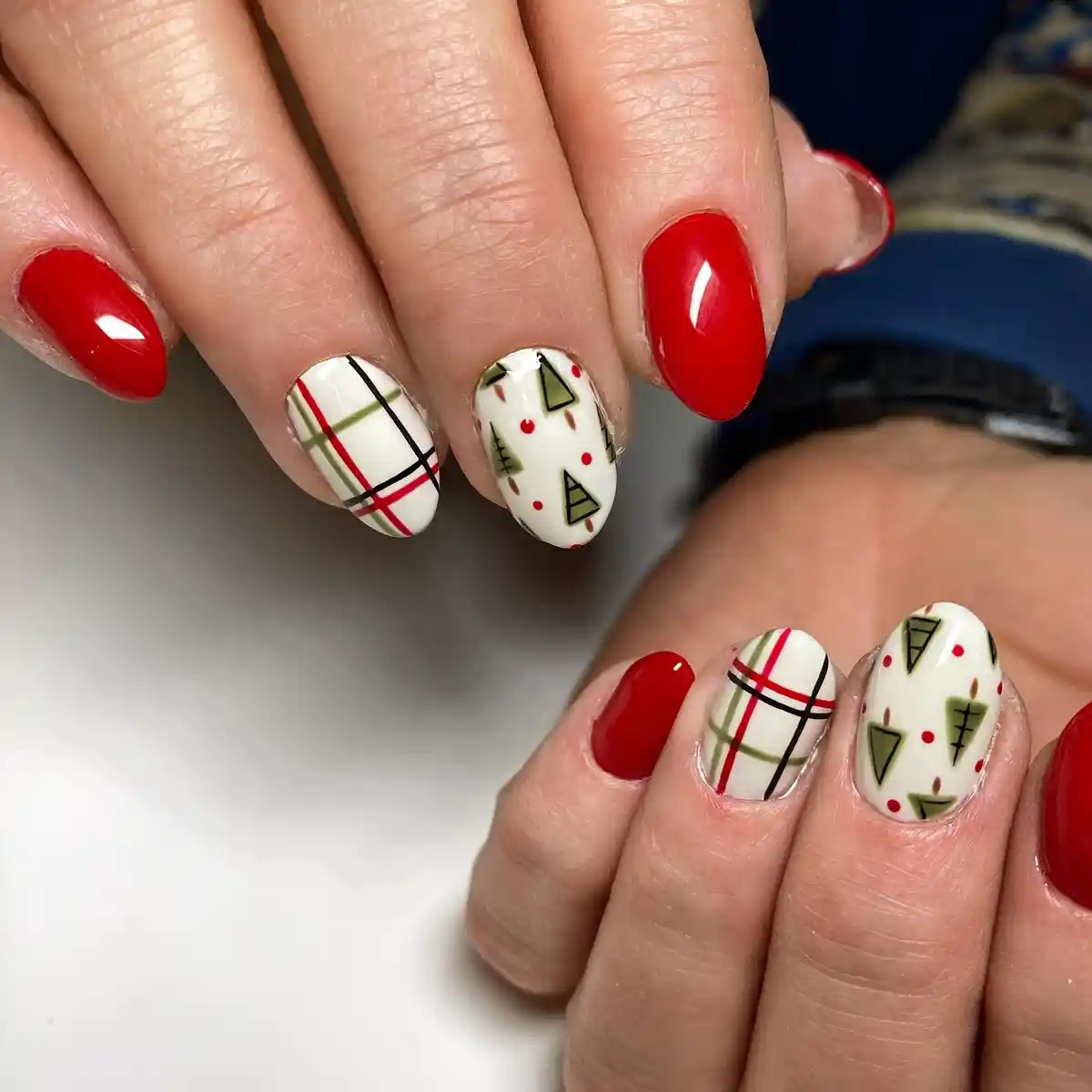 Red and White Plaid Mix with Green Triangle Accents