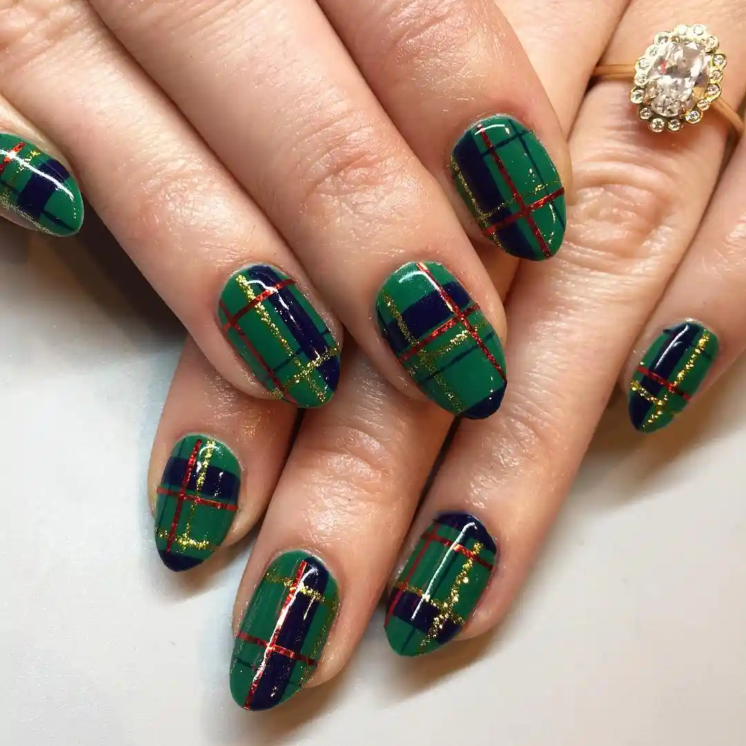 Green and Navy Plaid with Red and Gold Glitter Striping