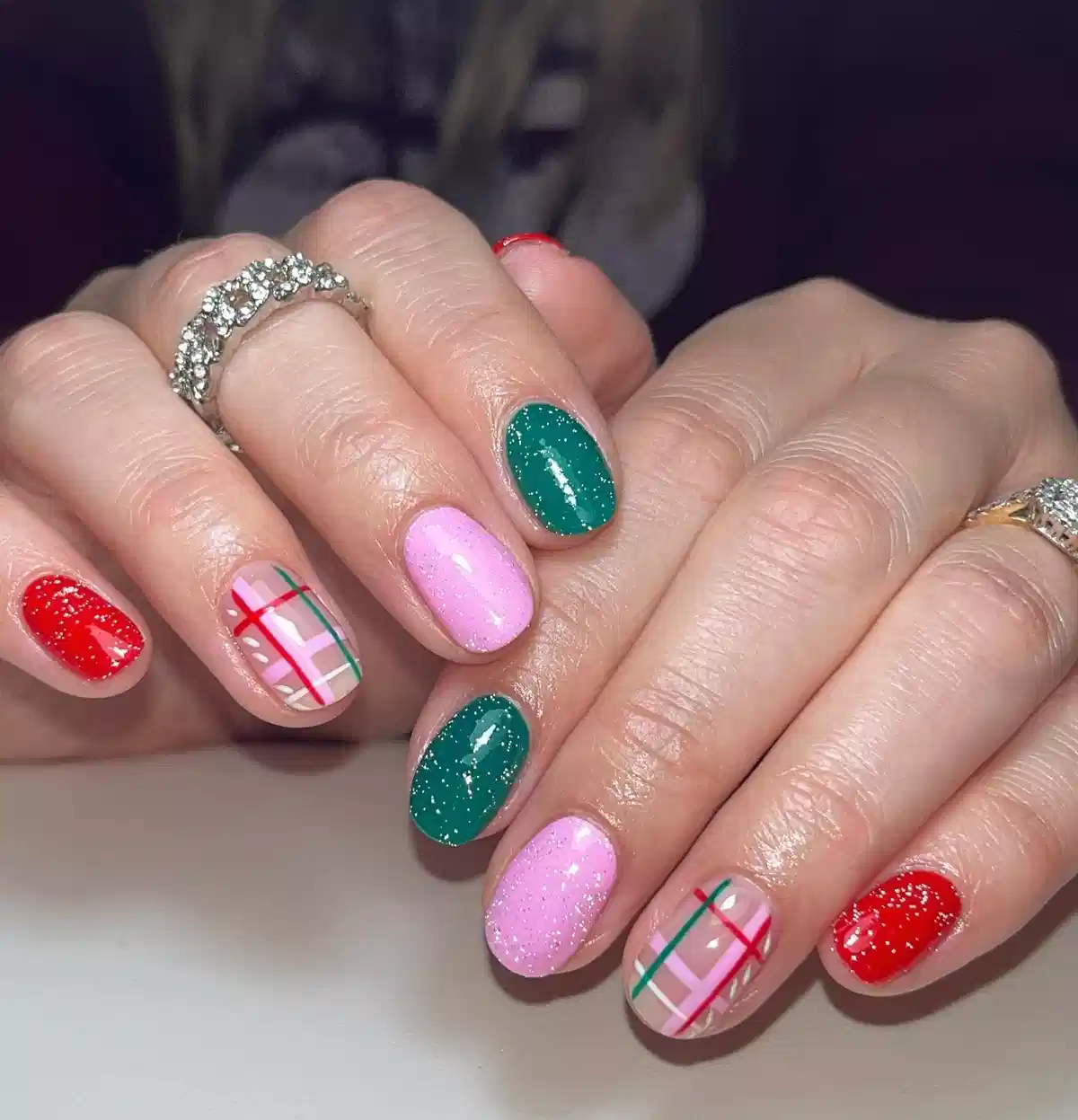 Red, Green, and Pink Glitter with Nude Plaid Accents