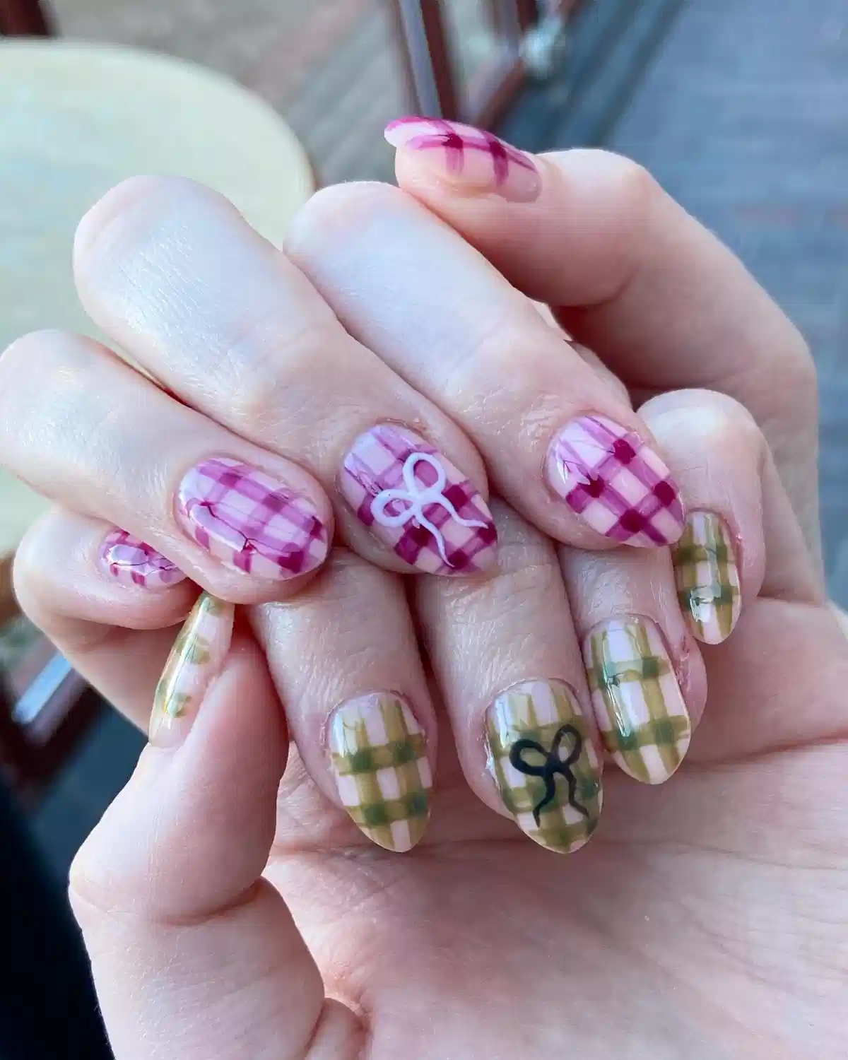 Mixed Pink and Olive Plaid with Bow Motifs