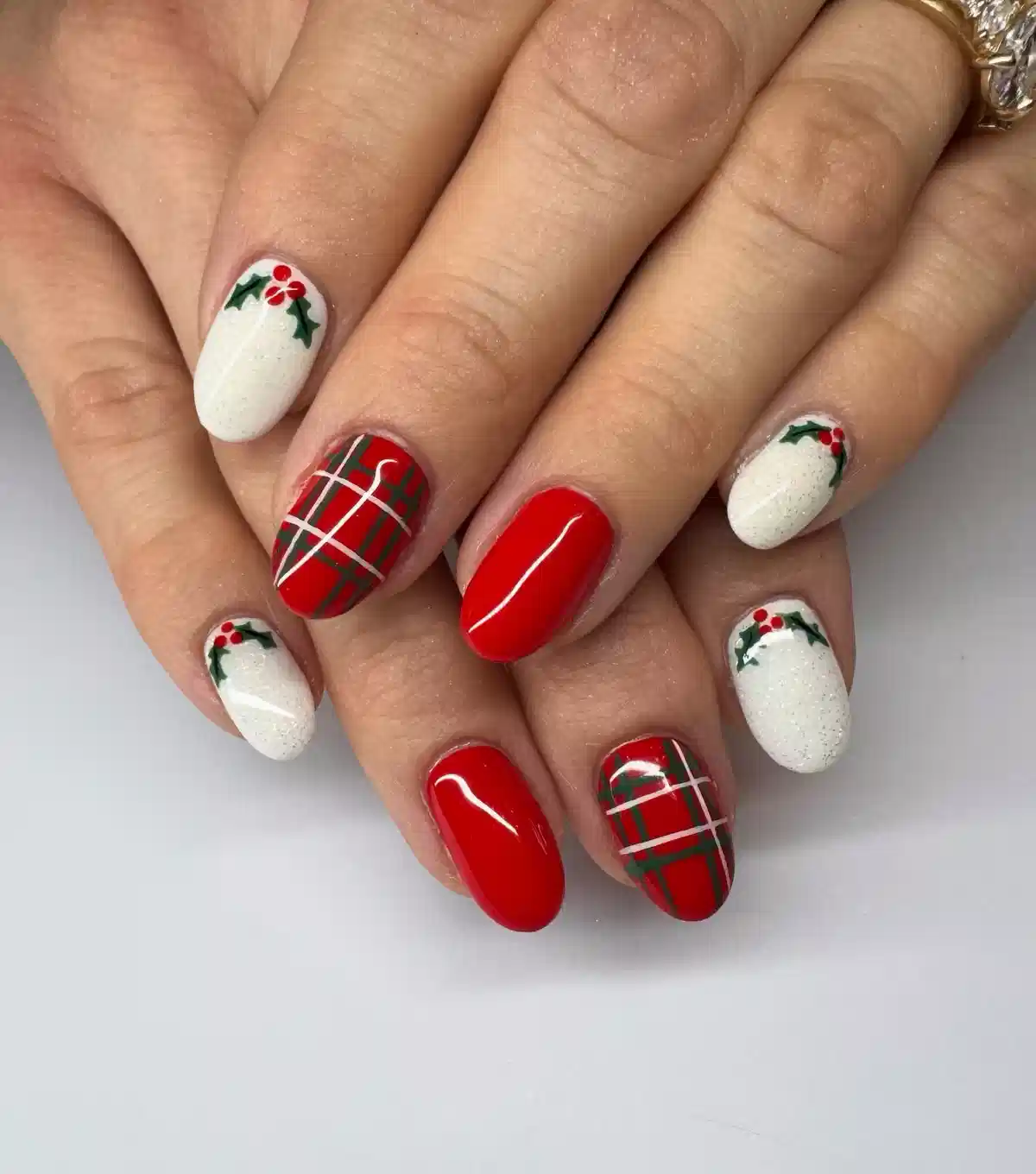 Red Solids with Red-Green Plaid and White Botanical Accents