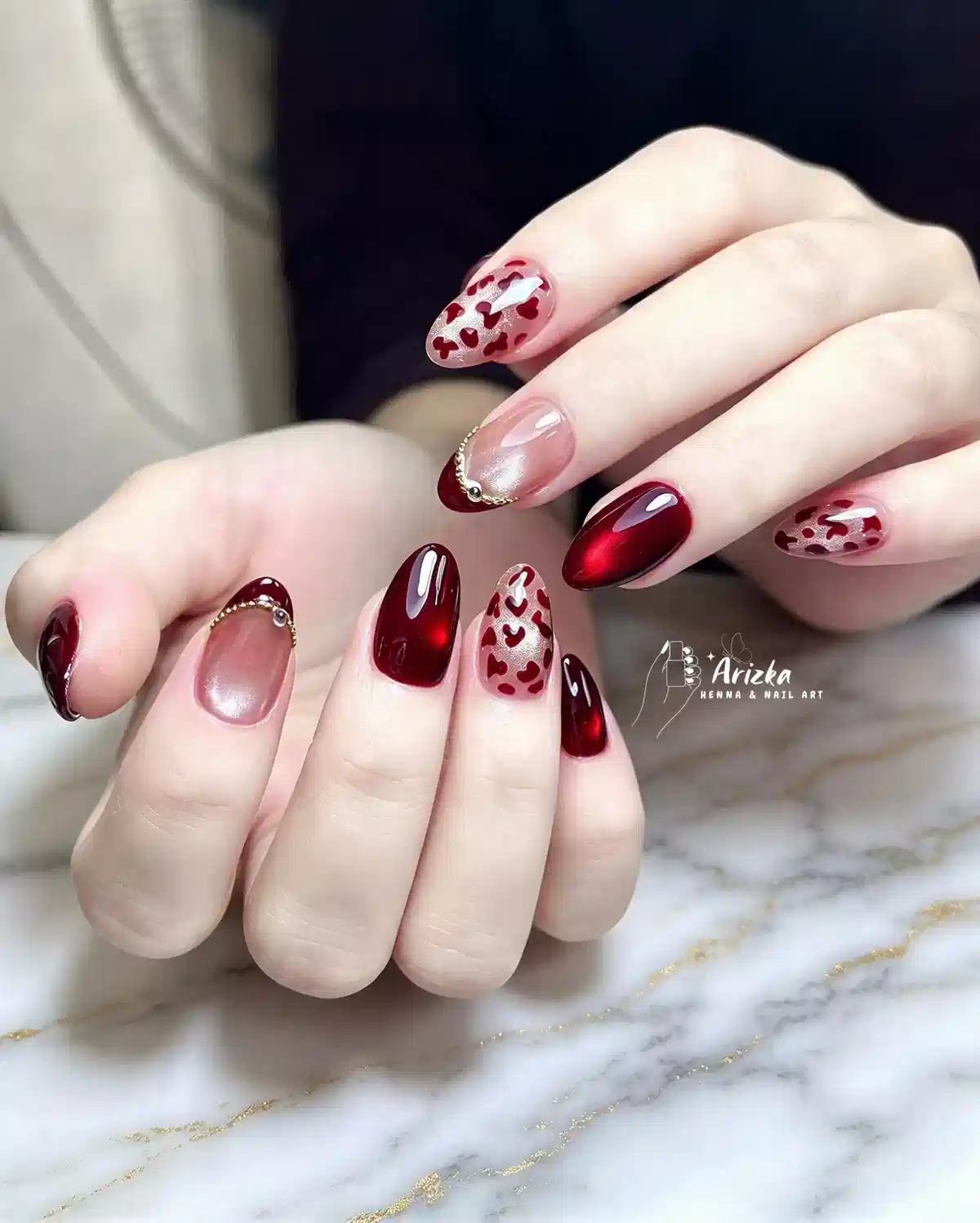 Deep Red and Heart-Pattern Set with Gold Beaded Accents