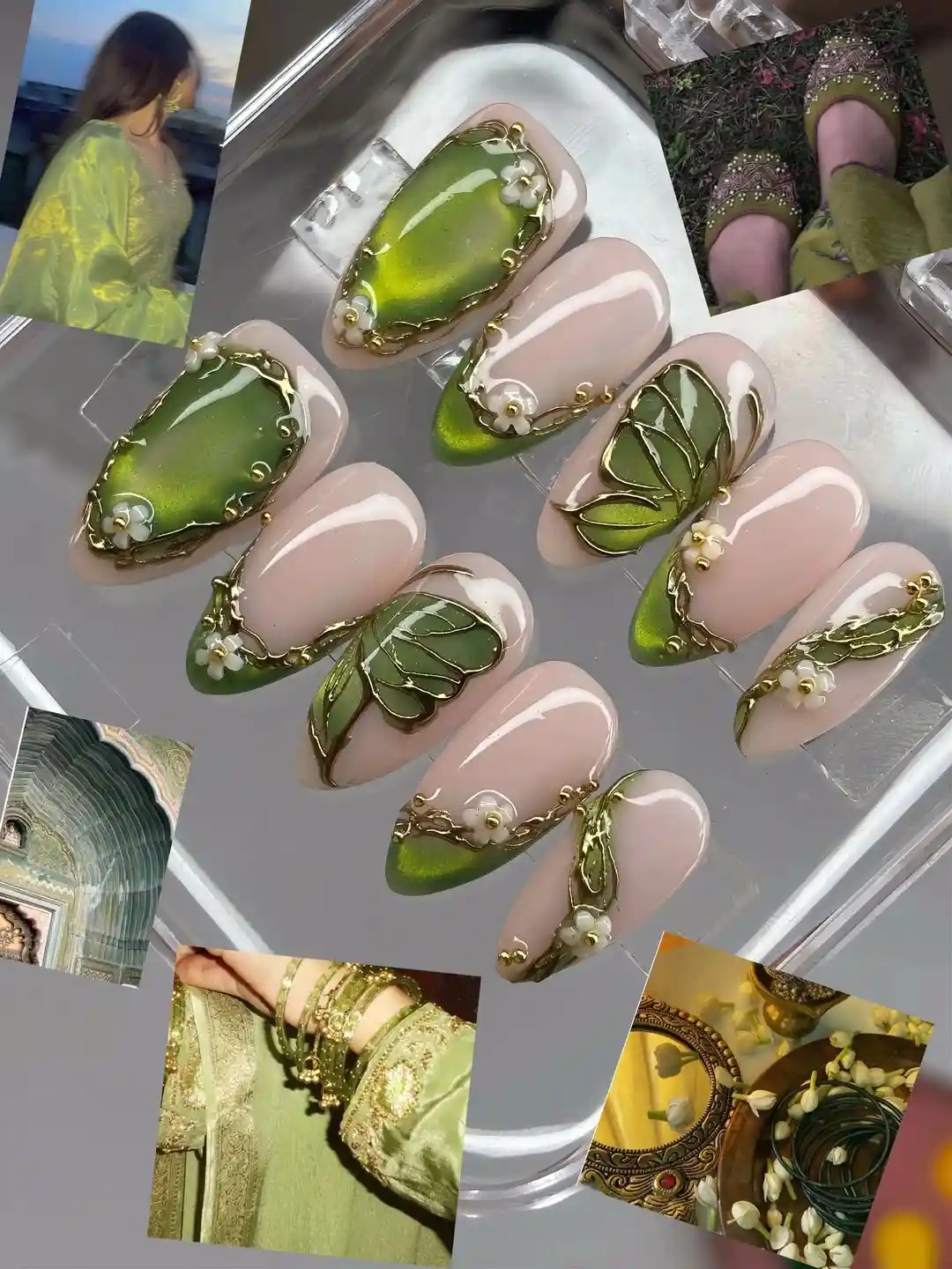 Nude and green set with gold borders and small white flowers