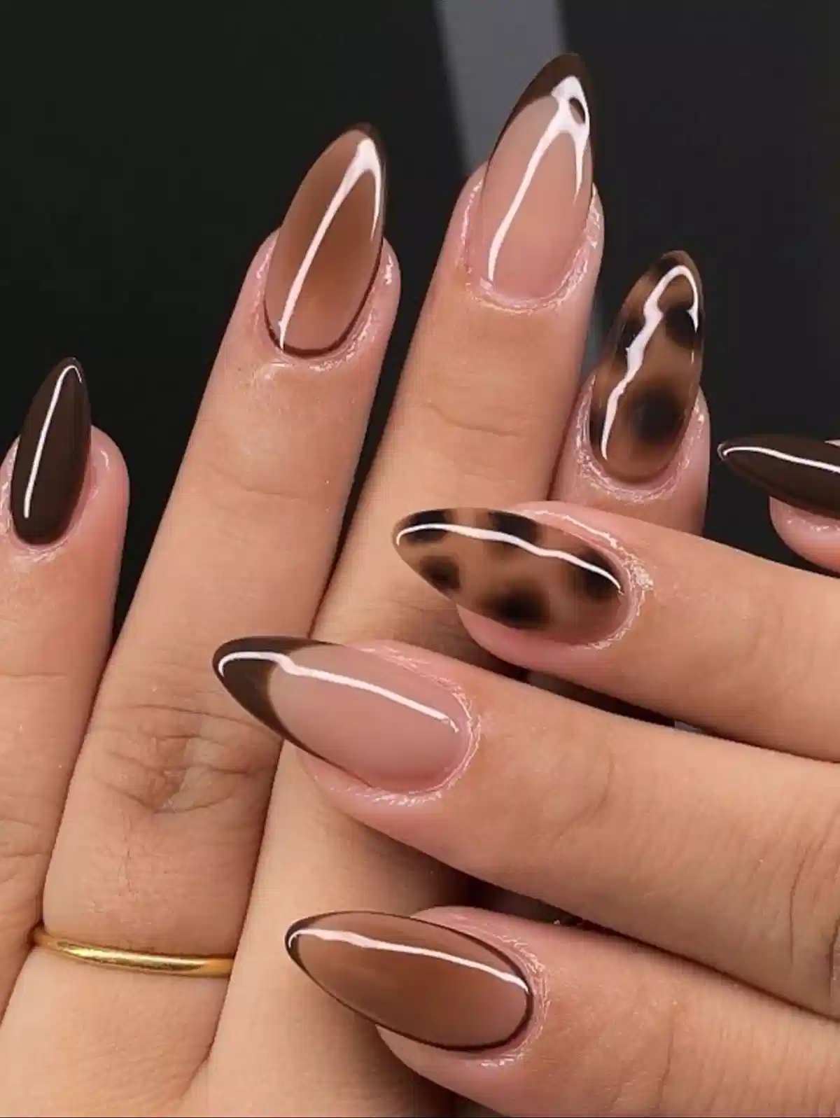 Brown French tips with leopard-style accent nails