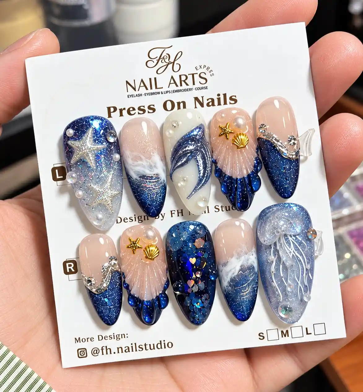 Blue glitter ocean-themed set with pearls and sea motifs